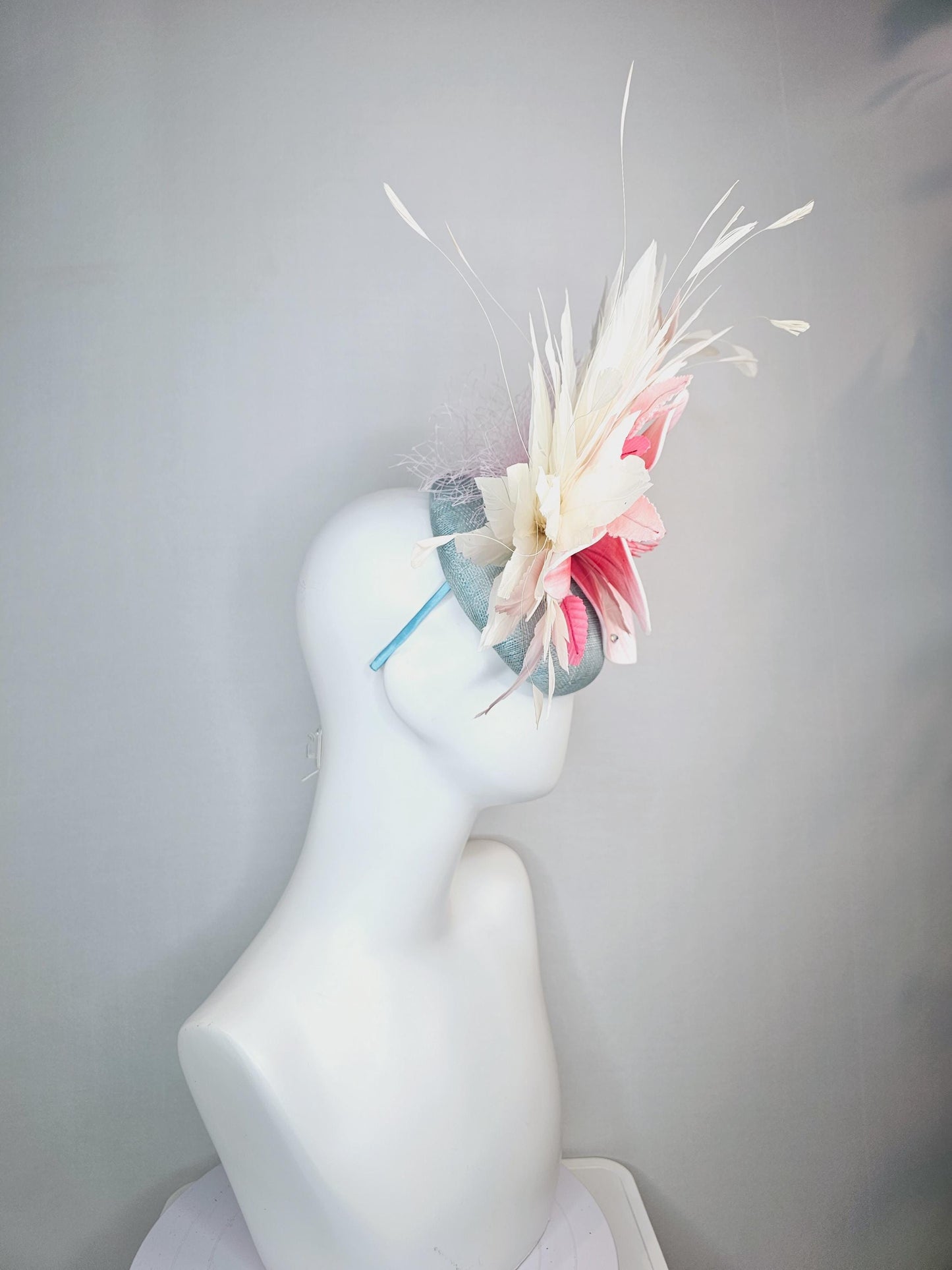 kentucky derby hat fascinator light gray blue sinamay with raspberry pink ombre flower blush pink light pink ivory white branching feathers