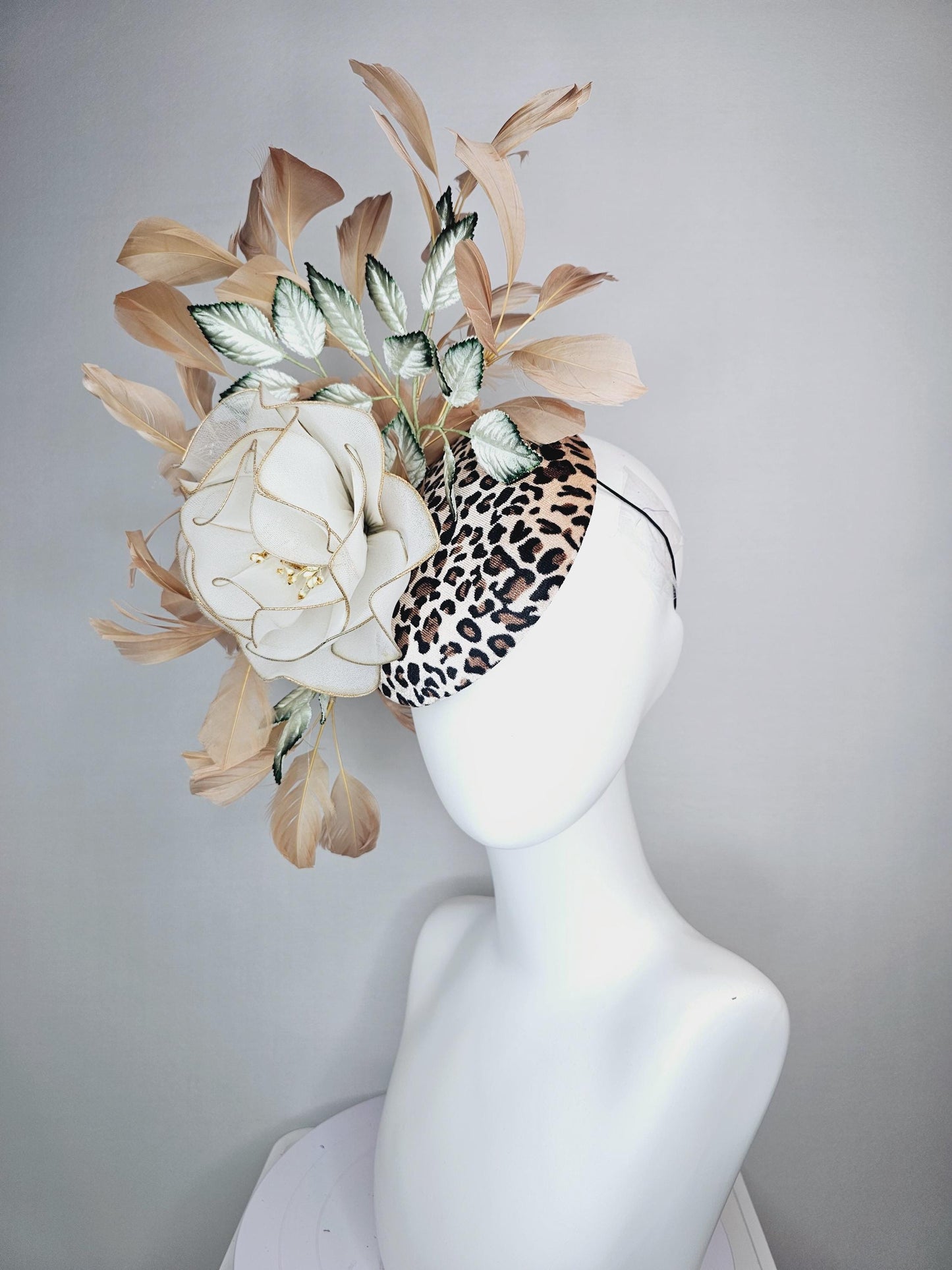 kentucky derby hat fascinator velvet leopard print with large white mesh gold edges rose ombre dark green leaves beige tan brown feathers
