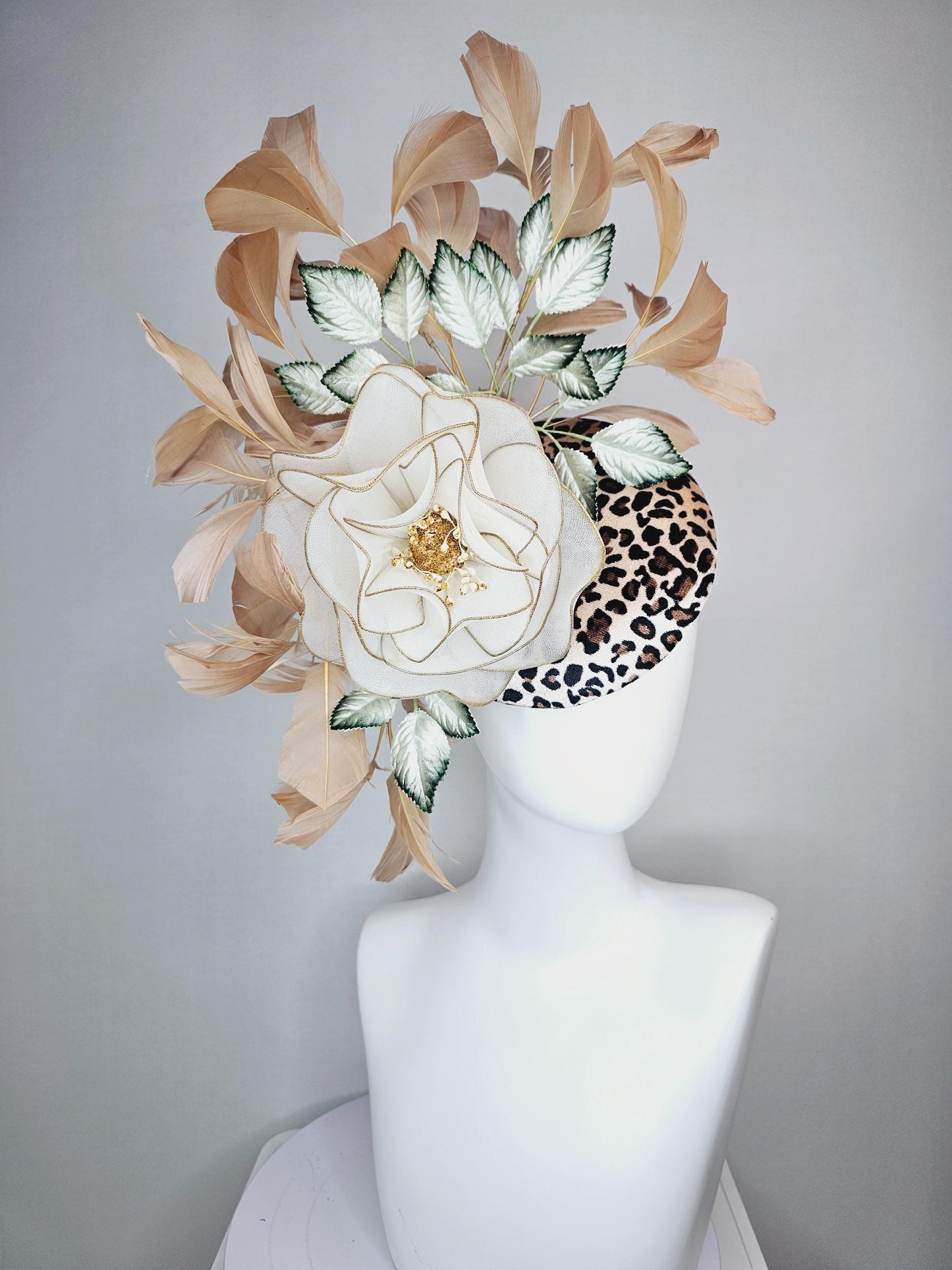 kentucky derby hat fascinator velvet leopard print with large white mesh gold edges rose ombre dark green leaves beige tan brown feathers