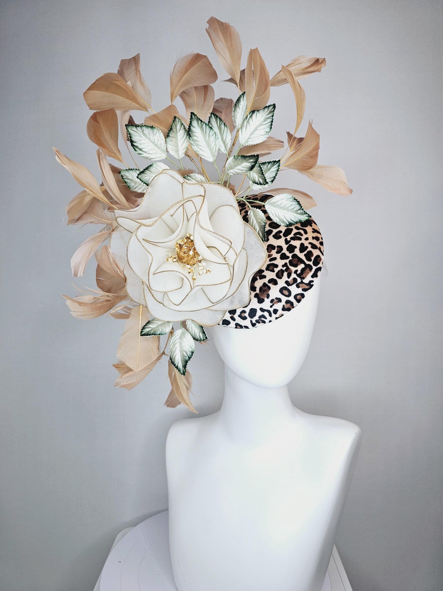 kentucky derby hat fascinator velvet leopard print with large white mesh gold edges rose ombre dark green leaves beige tan brown feathers