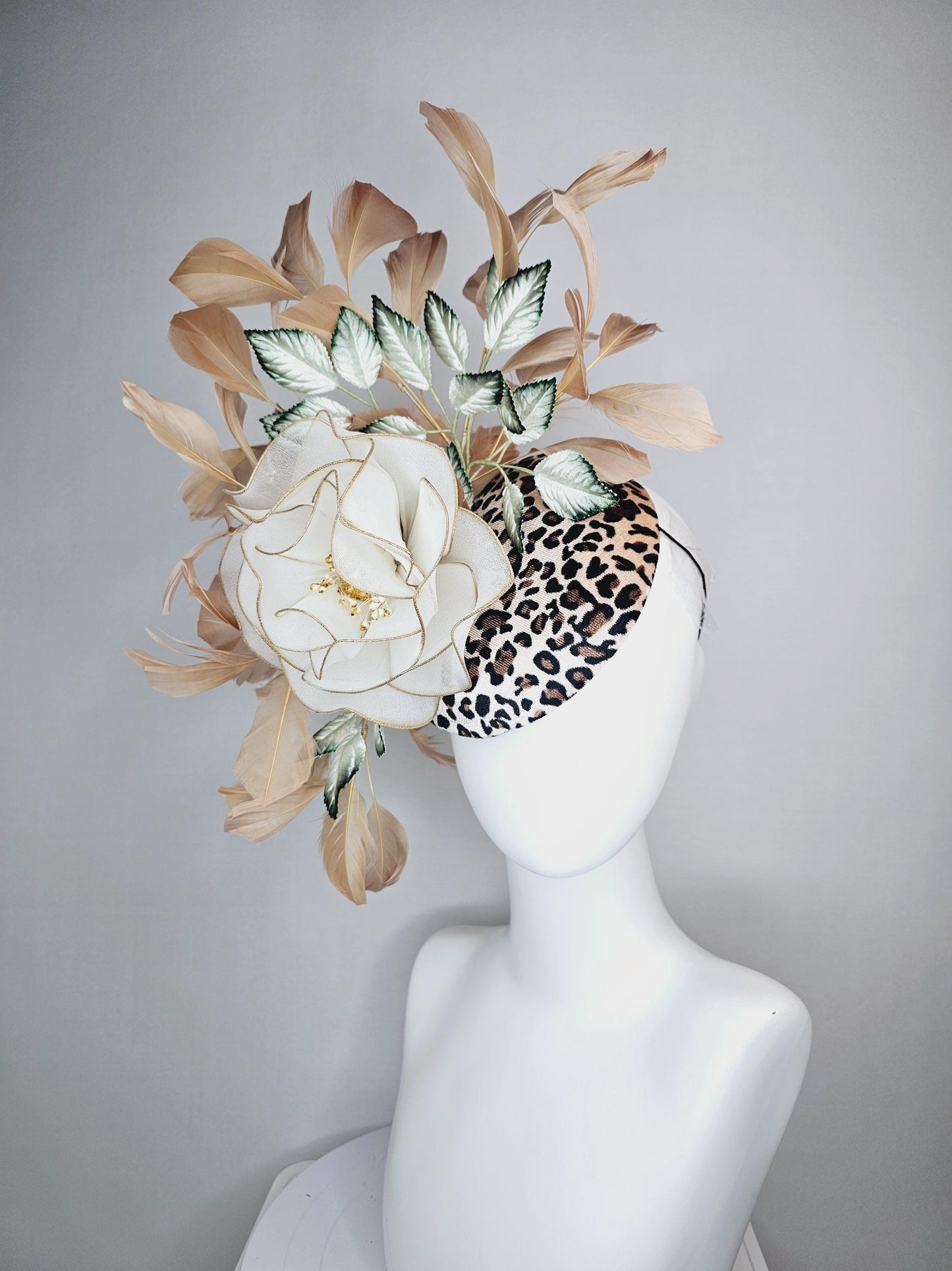 kentucky derby hat fascinator velvet leopard print with large white mesh gold edges rose ombre dark green leaves beige tan brown feathers
