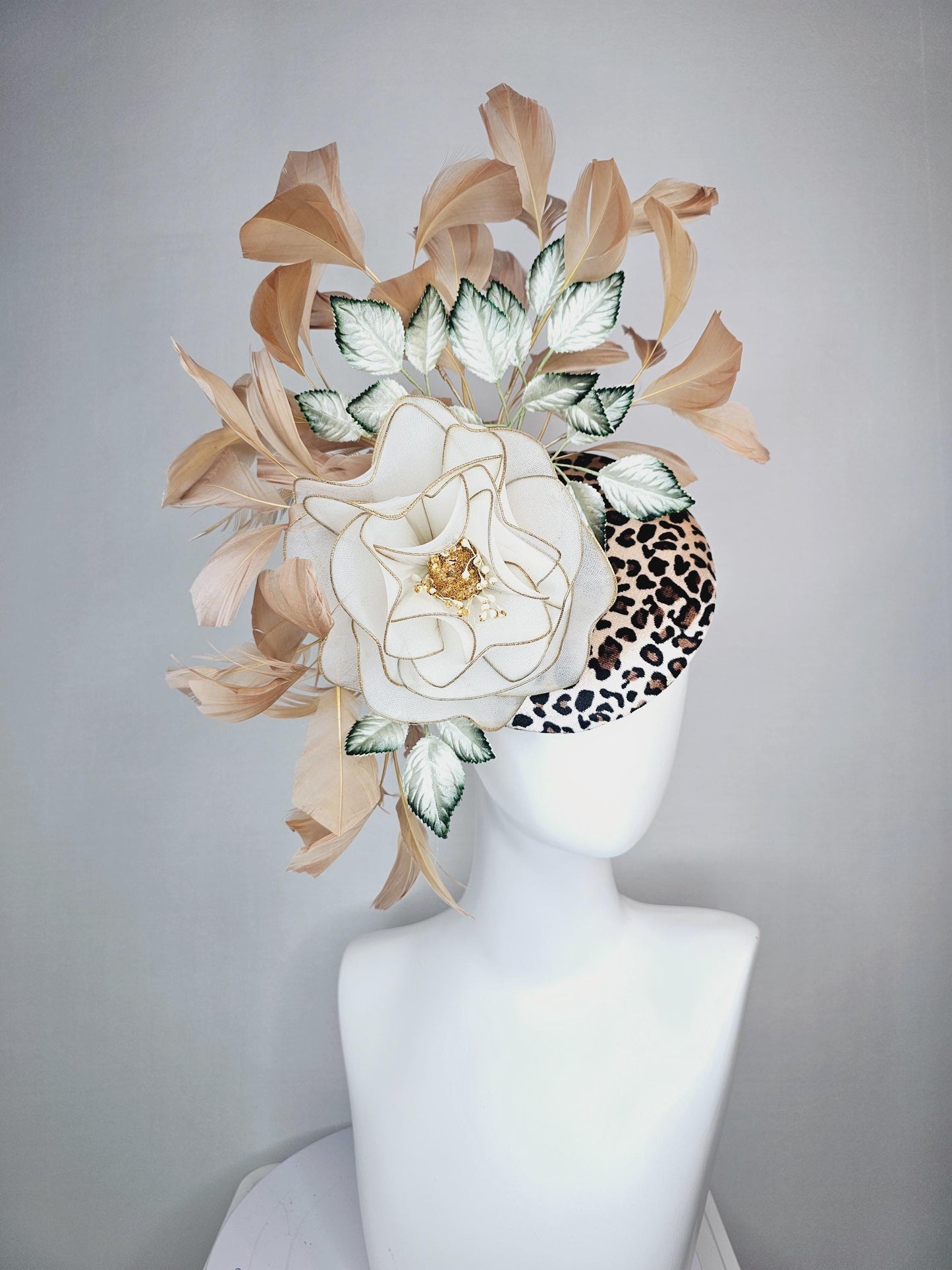 kentucky derby hat fascinator velvet leopard print with large white mesh gold edges rose ombre dark green leaves beige tan brown feathers