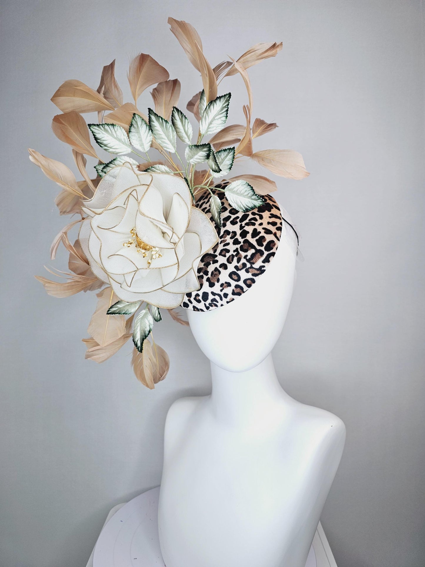 kentucky derby hat fascinator velvet leopard print with large white mesh gold edges rose ombre dark green leaves beige tan brown feathers