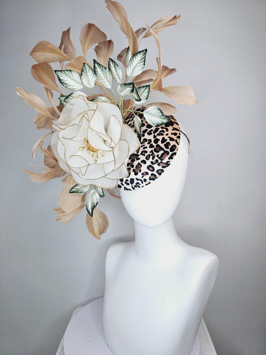 kentucky derby hat fascinator velvet leopard print with large white mesh gold edges rose ombre dark green leaves beige tan brown feathers