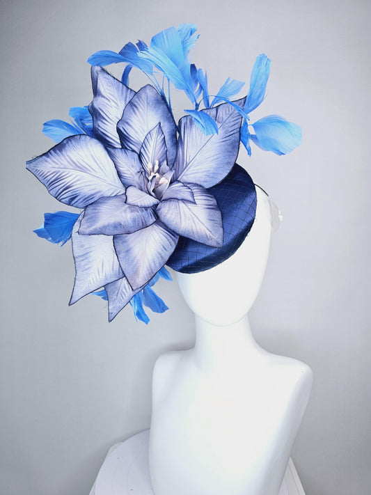 kentucky derby hat fascinator navy blue satin with netting and large ombre blue satin flower and royal blue sky blue branching feathers