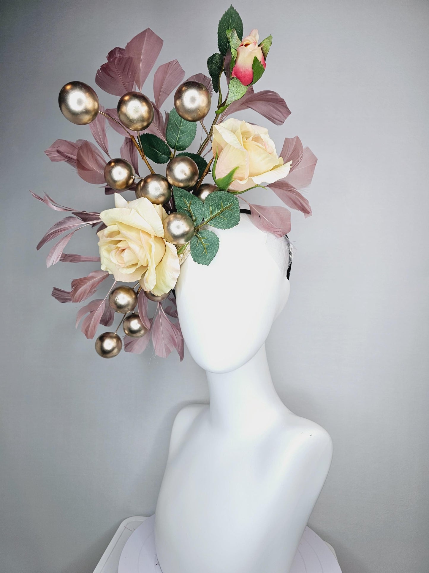kentucky derby hat fascinator large beige cream satin silk roses with green leaves large gold pearls and dusty rose pink branching feathers