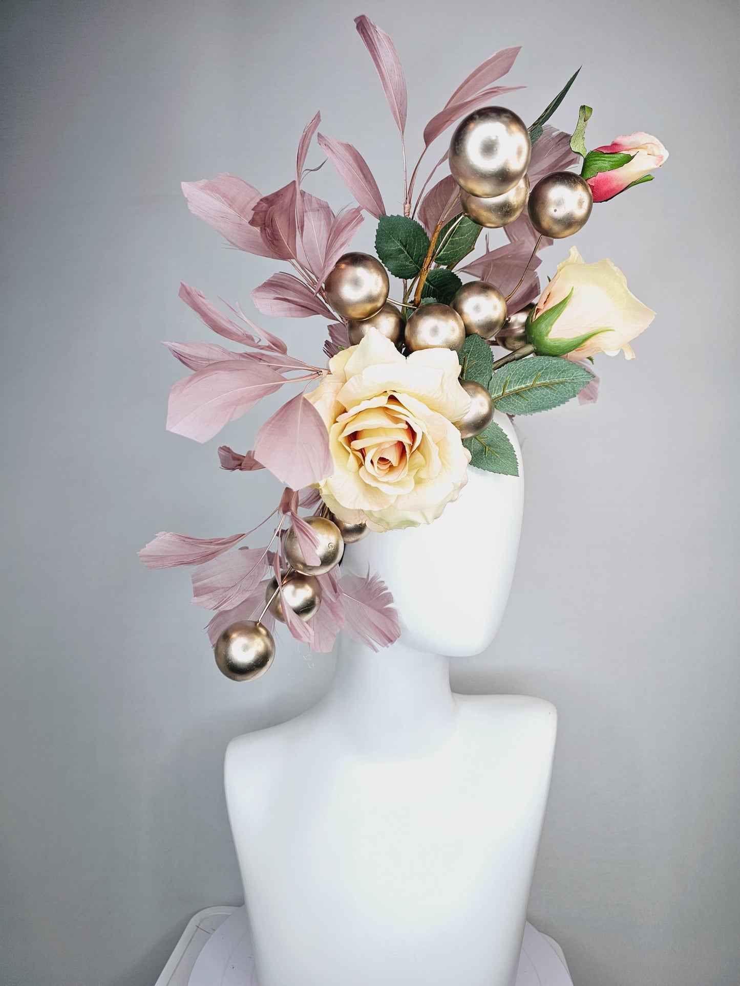 kentucky derby hat fascinator large beige cream satin silk roses with green leaves large gold pearls and dusty rose pink branching feathers