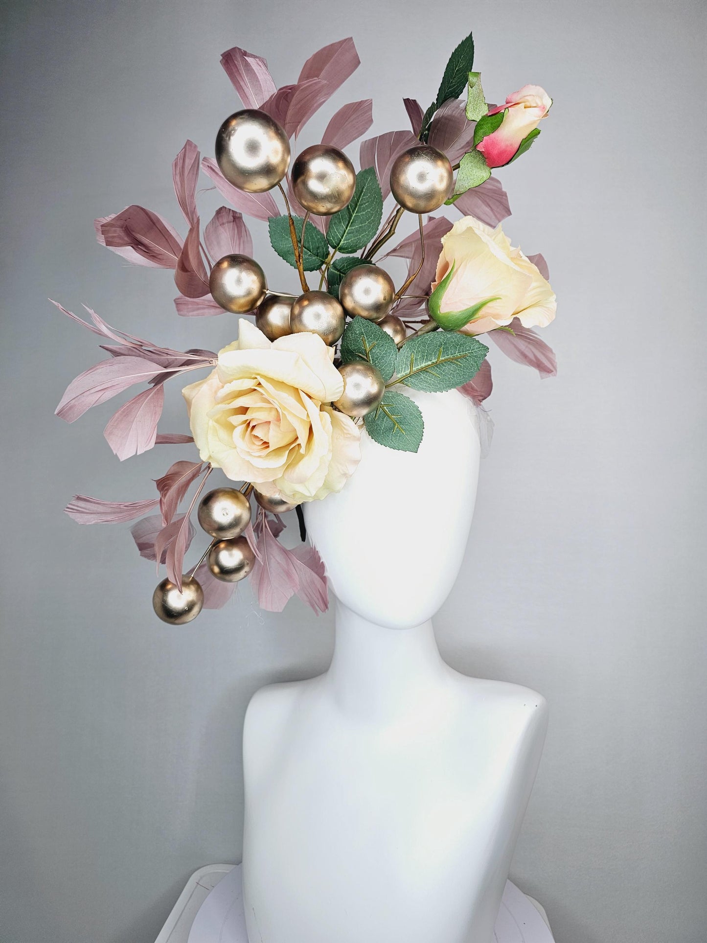 kentucky derby hat fascinator large beige cream satin silk roses with green leaves large gold pearls and dusty rose pink branching feathers