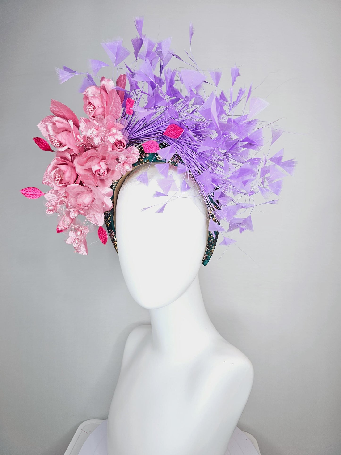 kentucky derby hat fascinator headband with light dusty pink satin organza roses light pink pearl stems lavender purple branching feathers