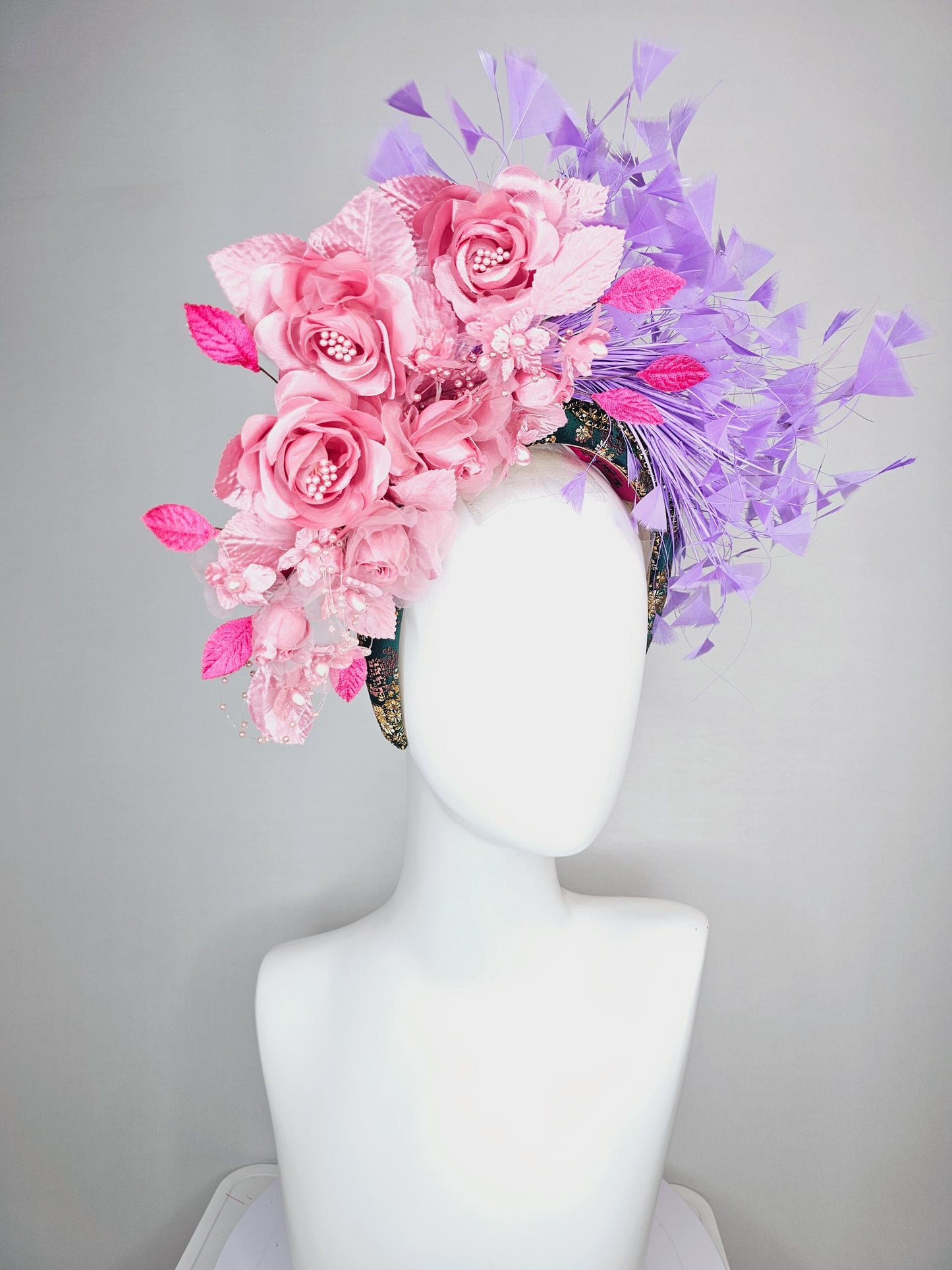 kentucky derby hat fascinator headband with light dusty pink satin organza roses light pink pearl stems lavender purple branching feathers