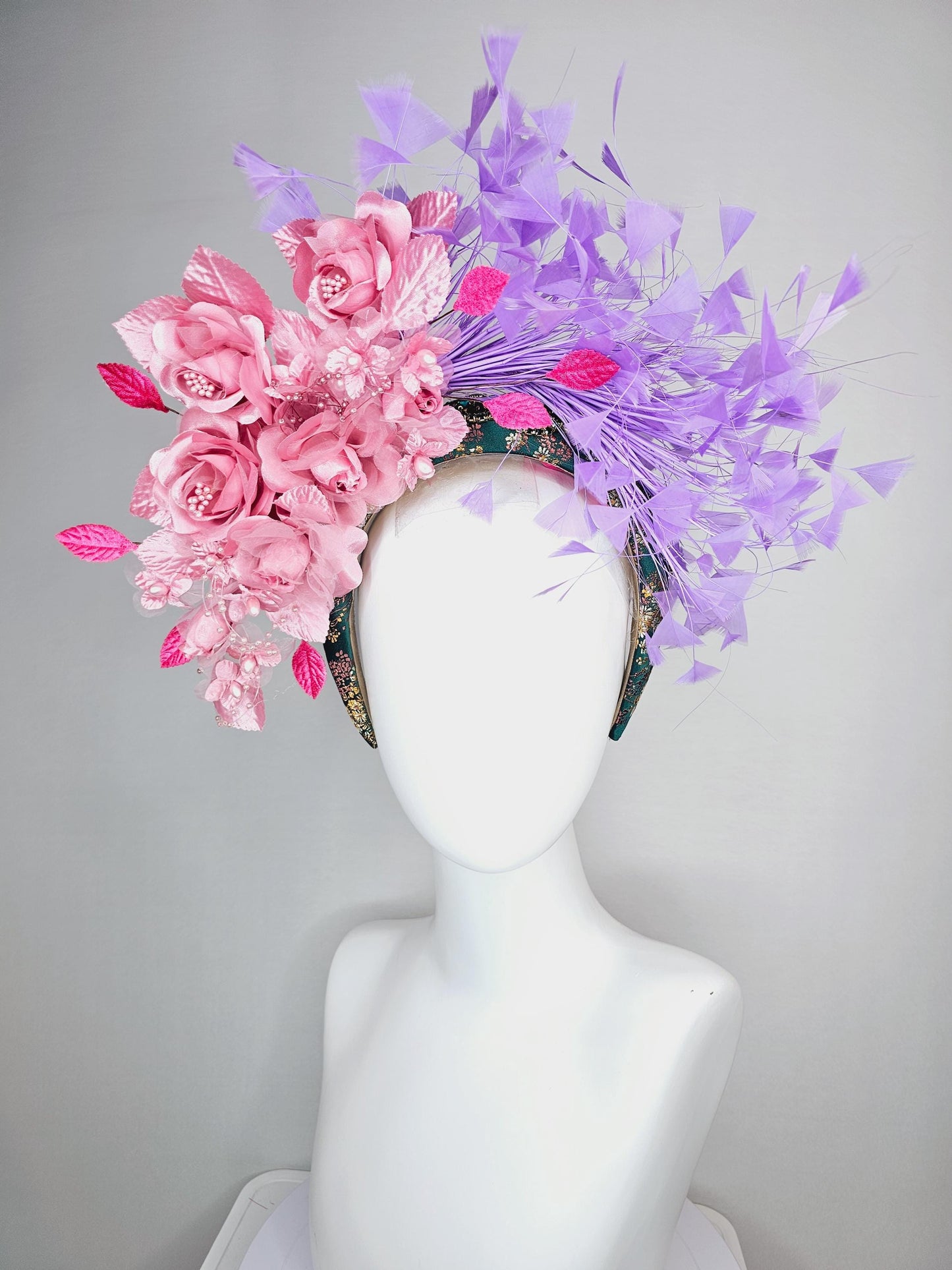 kentucky derby hat fascinator headband with light dusty pink satin organza roses light pink pearl stems lavender purple branching feathers