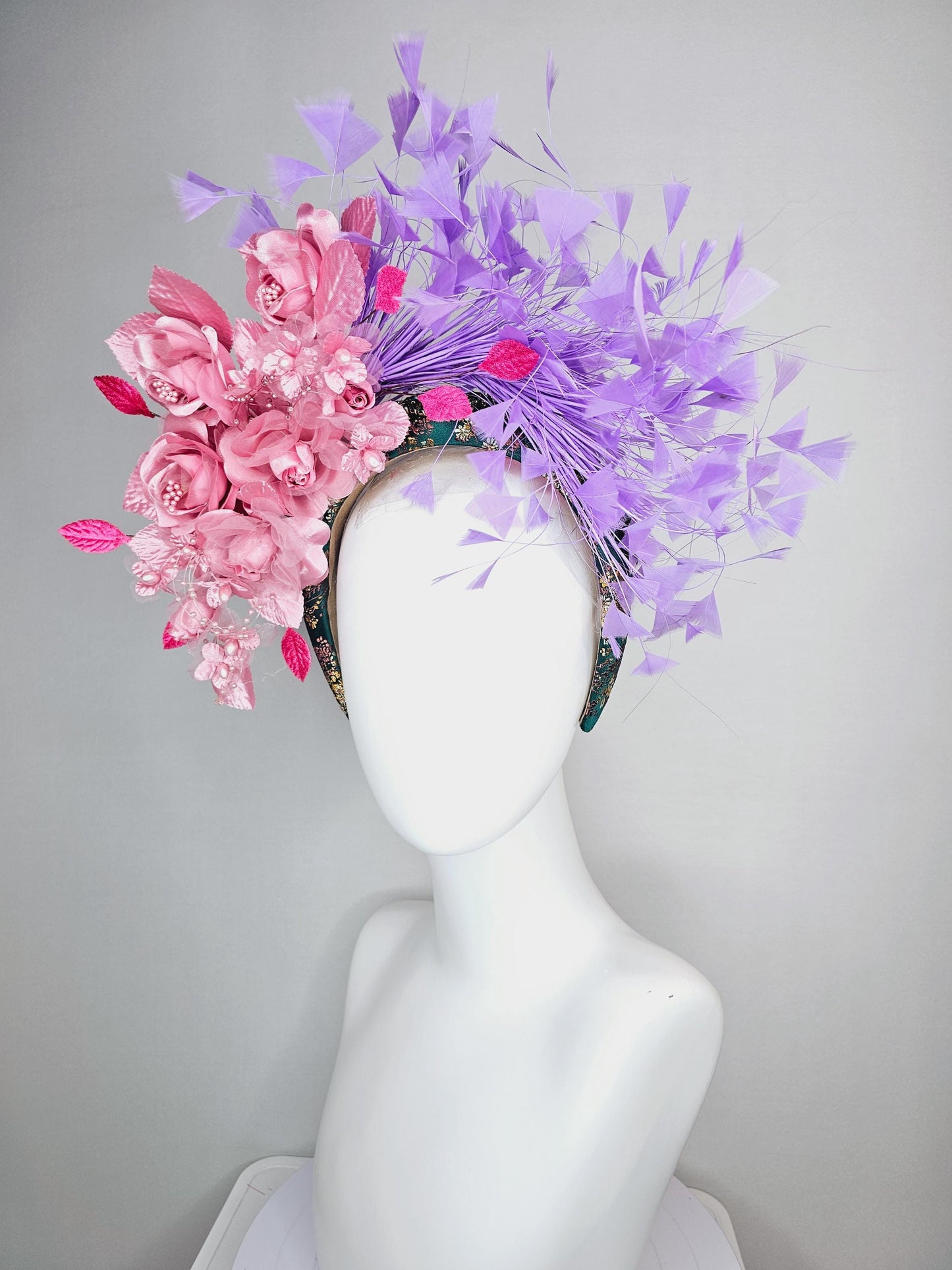 kentucky derby hat fascinator headband with light dusty pink satin organza roses light pink pearl stems lavender purple branching feathers