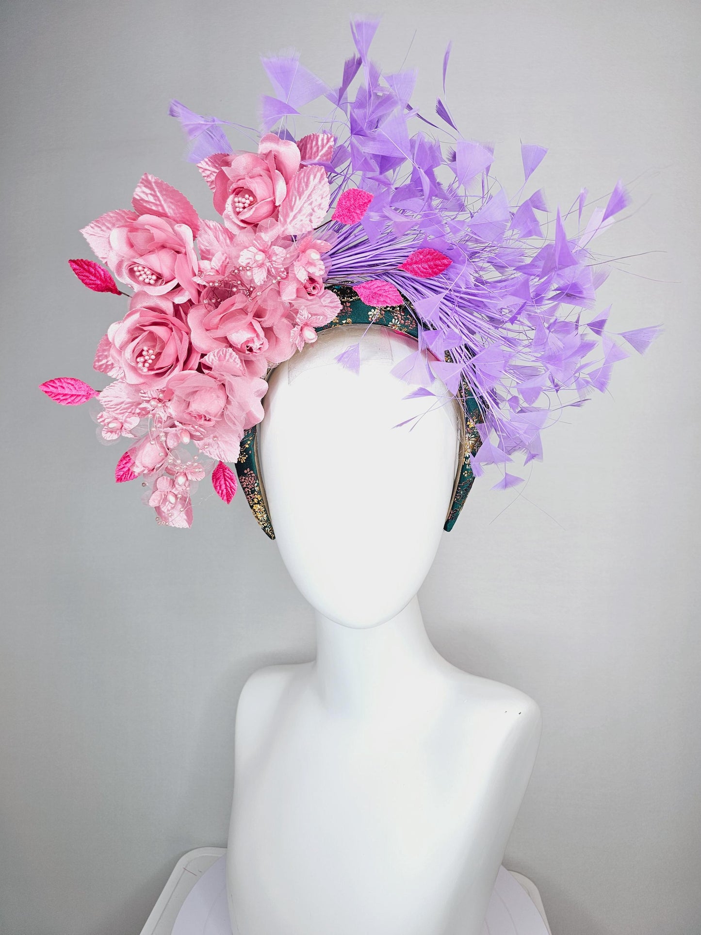 kentucky derby hat fascinator headband with light dusty pink satin organza roses light pink pearl stems lavender purple branching feathers