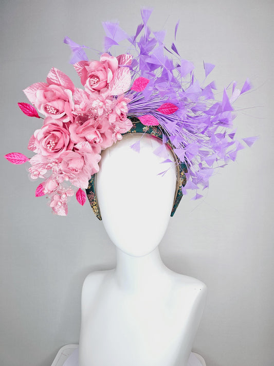 kentucky derby hat fascinator headband with light dusty pink satin organza roses light pink pearl stems lavender purple branching feathers