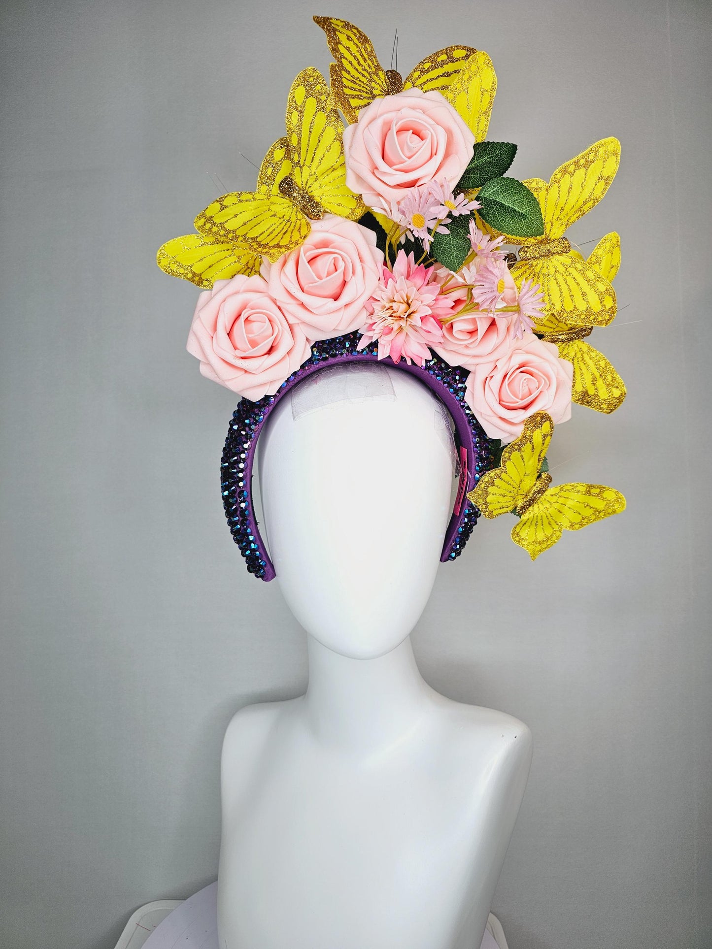 kentucky derby hat fascinator swarovski crystal iridescent dark blue headband light baby pink roses green leaves and yellow gold butterflies