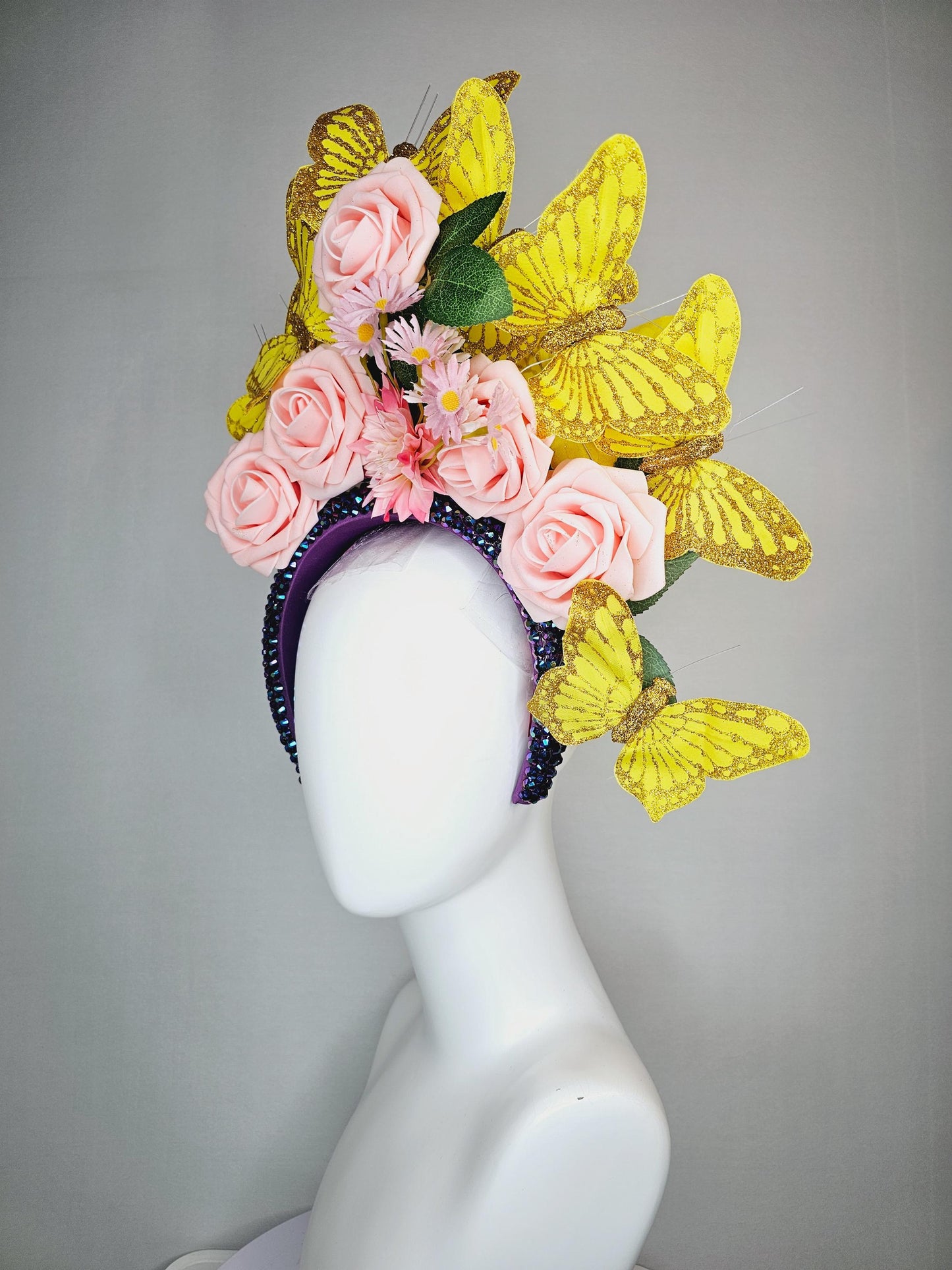 kentucky derby hat fascinator swarovski crystal iridescent dark blue headband light baby pink roses green leaves and yellow gold butterflies