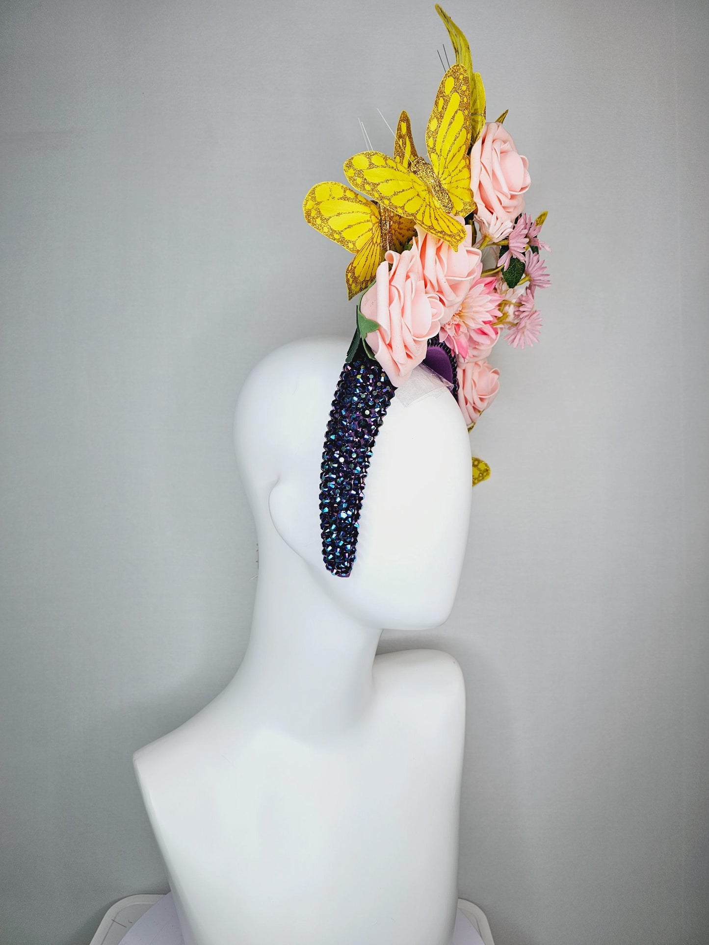 kentucky derby hat fascinator swarovski crystal iridescent dark blue headband light baby pink roses green leaves and yellow gold butterflies
