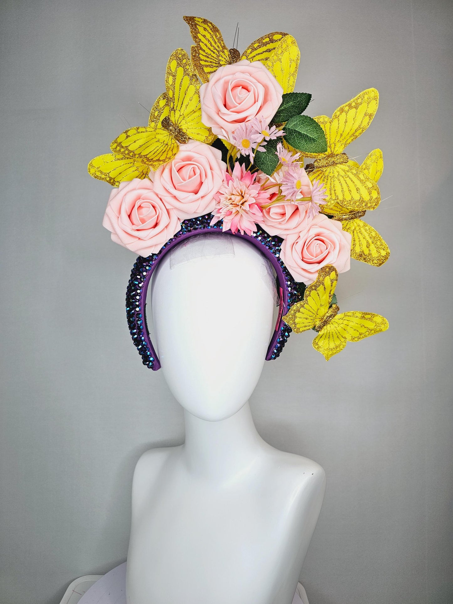 kentucky derby hat fascinator swarovski crystal iridescent dark blue headband light baby pink roses green leaves and yellow gold butterflies