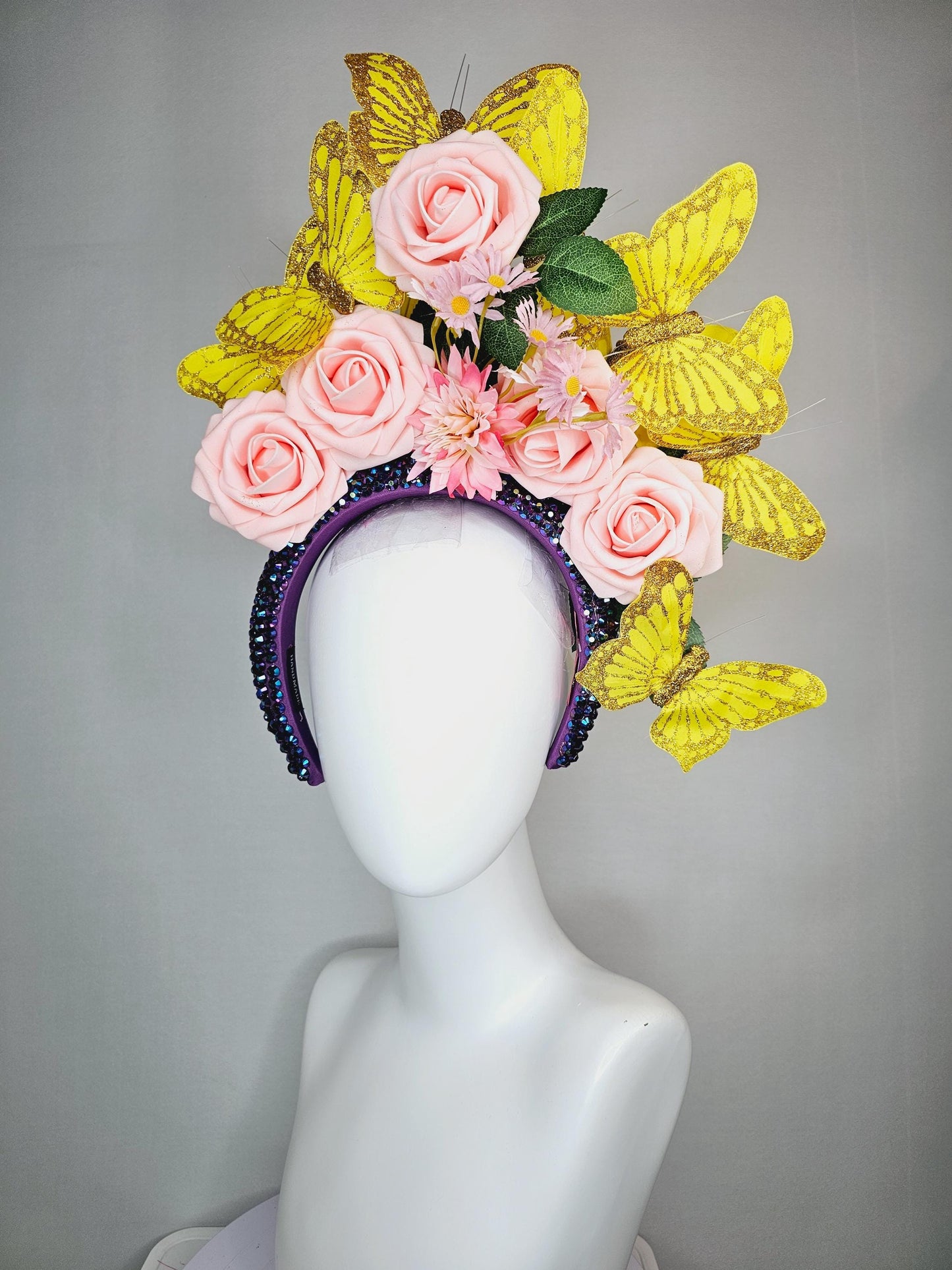 kentucky derby hat fascinator swarovski crystal iridescent dark blue headband light baby pink roses green leaves and yellow gold butterflies