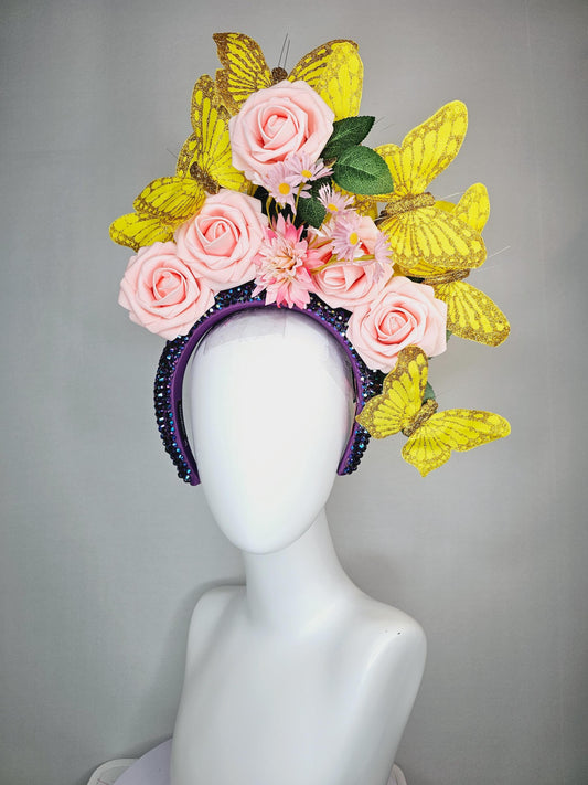 kentucky derby hat fascinator swarovski crystal iridescent dark blue headband light baby pink roses green leaves and yellow gold butterflies