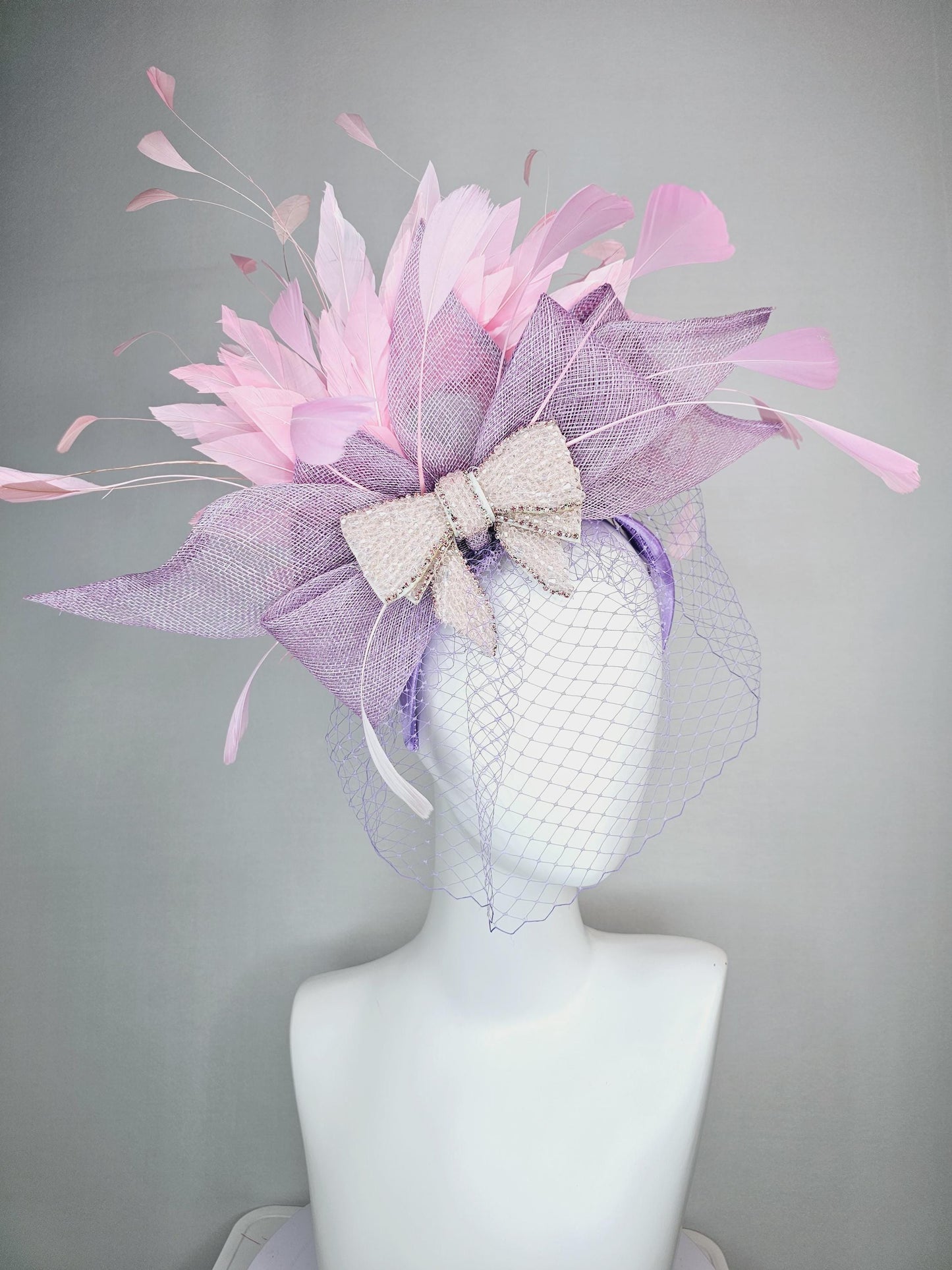kentucky derby hat fascinator headband lavender purple sinamay bow light pink crystal beaded bow baby pink feathers with purple mesh veil