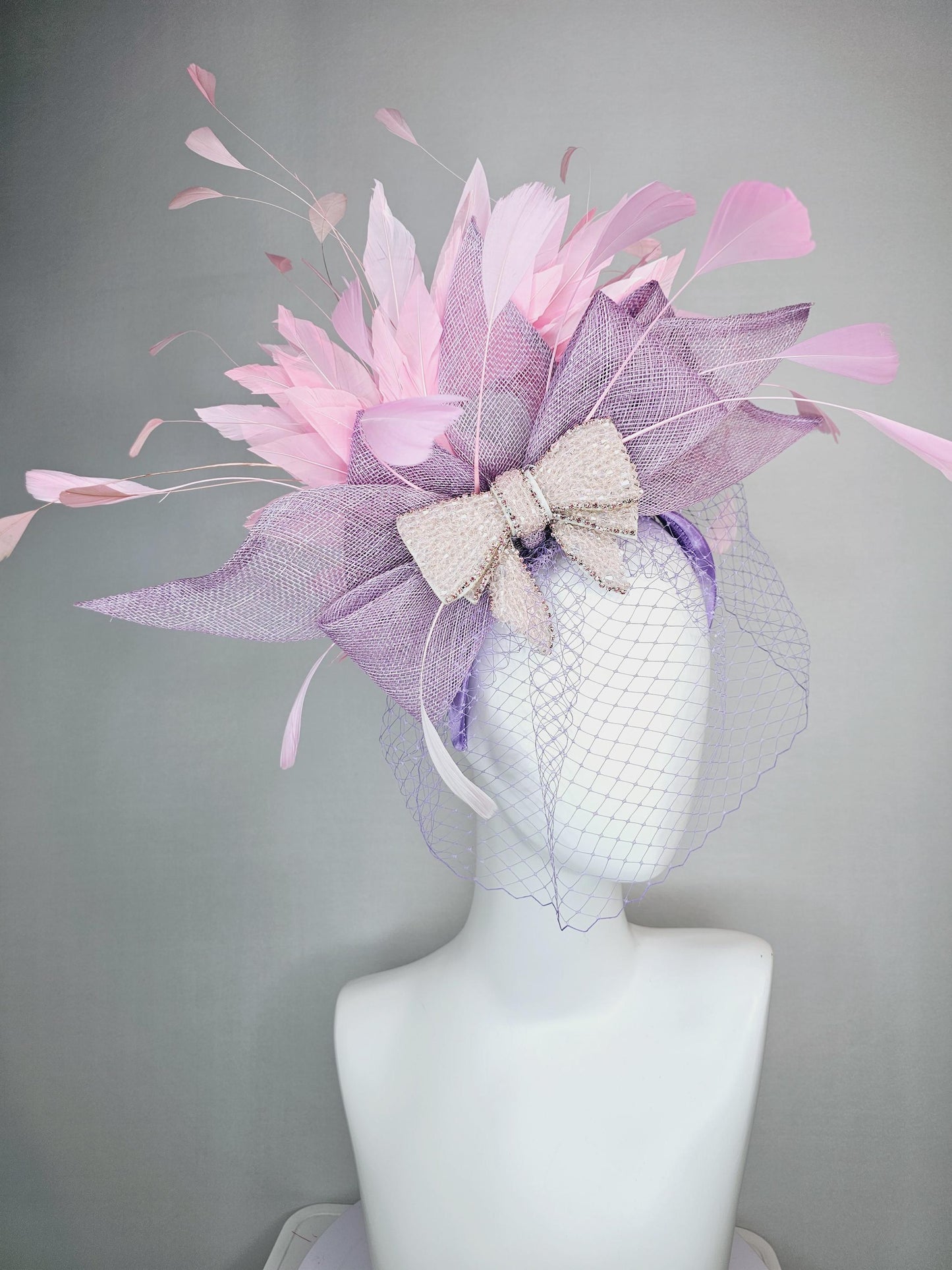 kentucky derby hat fascinator headband lavender purple sinamay bow light pink crystal beaded bow baby pink feathers with purple mesh veil