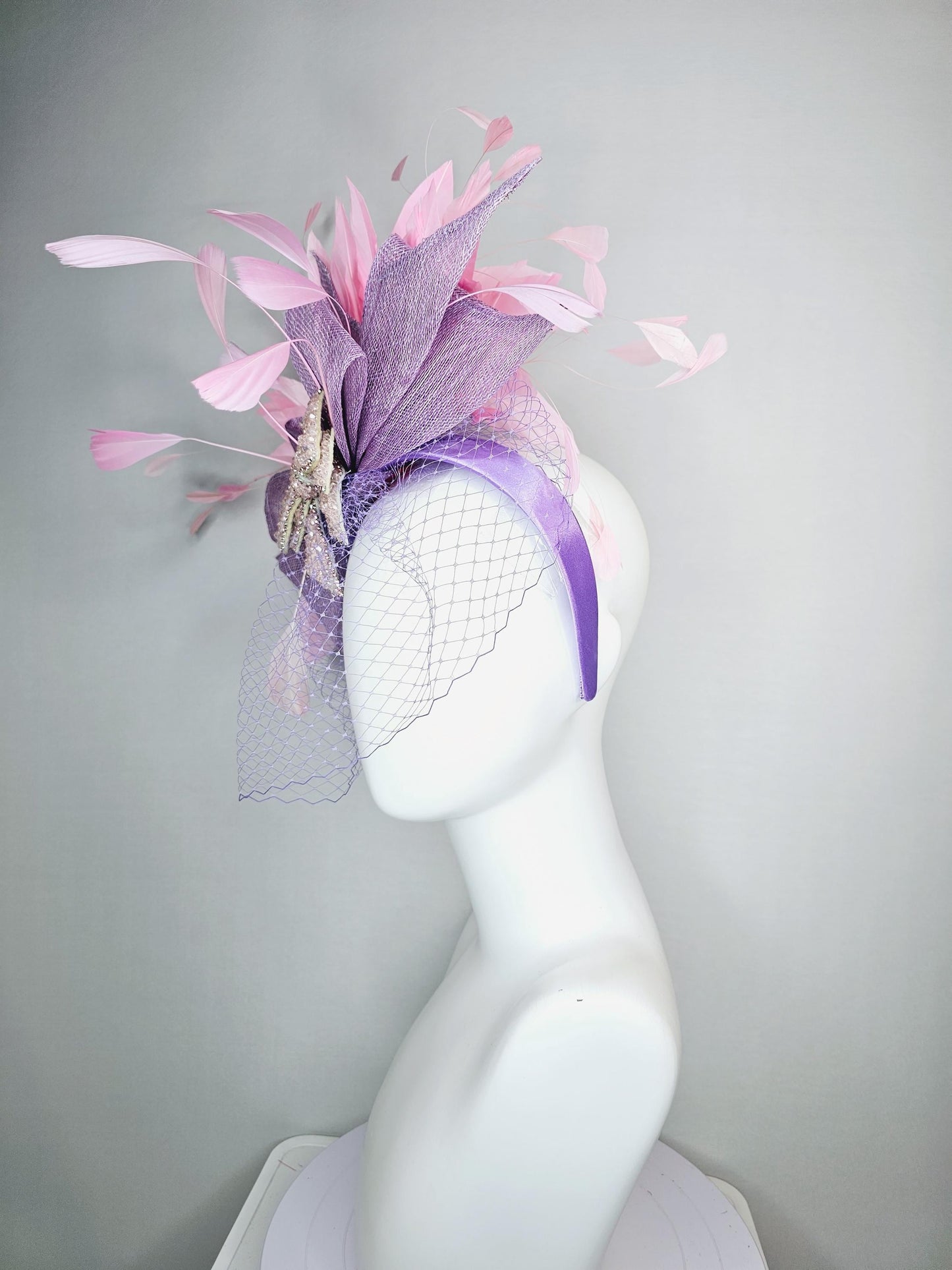 kentucky derby hat fascinator headband lavender purple sinamay bow light pink crystal beaded bow baby pink feathers with purple mesh veil
