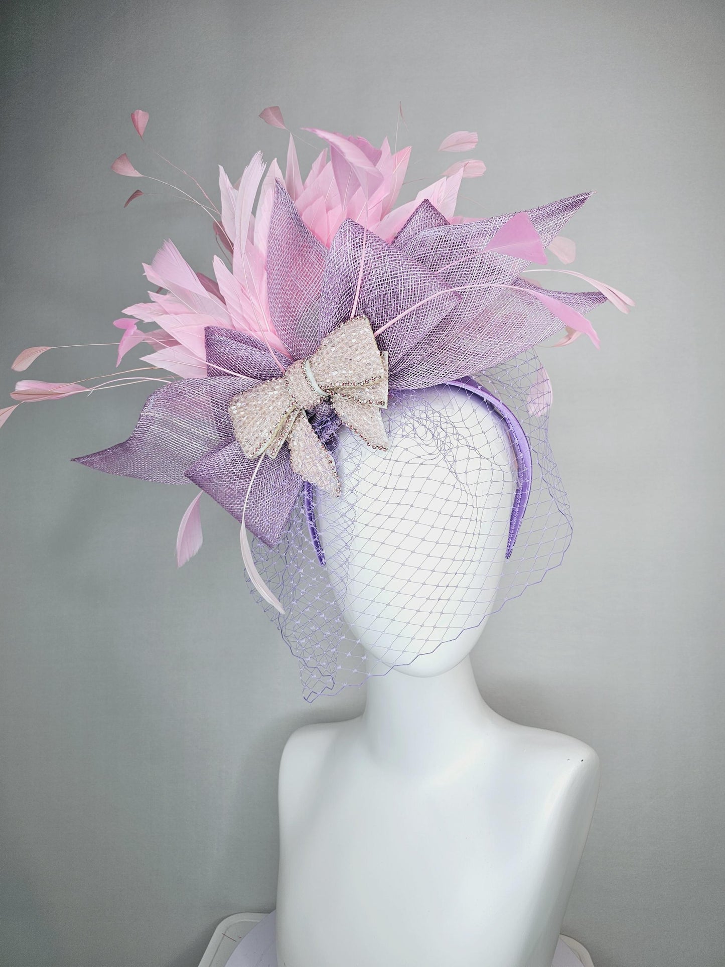 kentucky derby hat fascinator headband lavender purple sinamay bow light pink crystal beaded bow baby pink feathers with purple mesh veil