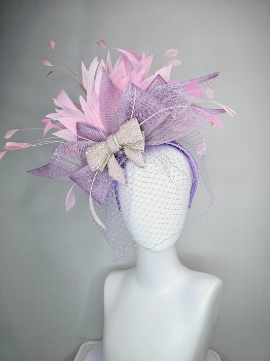 kentucky derby hat fascinator headband lavender purple sinamay bow light pink crystal beaded bow baby pink feathers with purple mesh veil