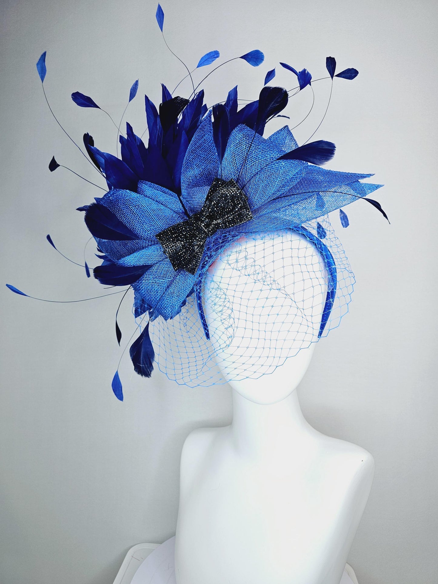 kentucky derby hat fascinator headband ocean sky blue sinamay bow black crystal beaded bow navy blue royal blue feathers with blue mesh veil