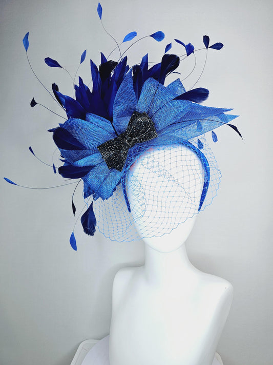 kentucky derby hat fascinator headband ocean sky blue sinamay bow black crystal beaded bow navy blue royal blue feathers with blue mesh veil