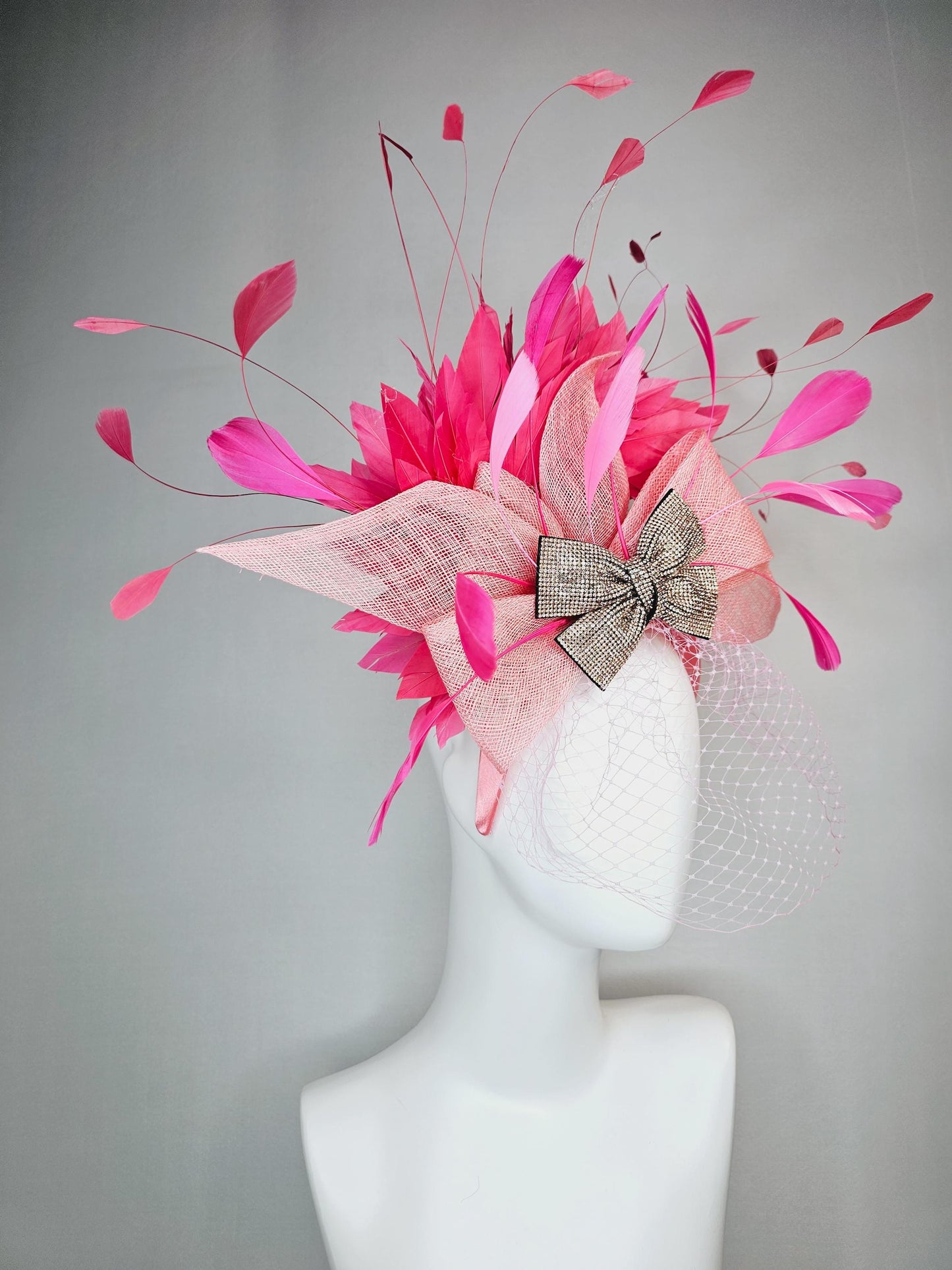 kentucky derby hat fascinator headband light baby pink sinamay bow bronze swarovski crystal beaded bow hot pink feathers with pink mesh veil