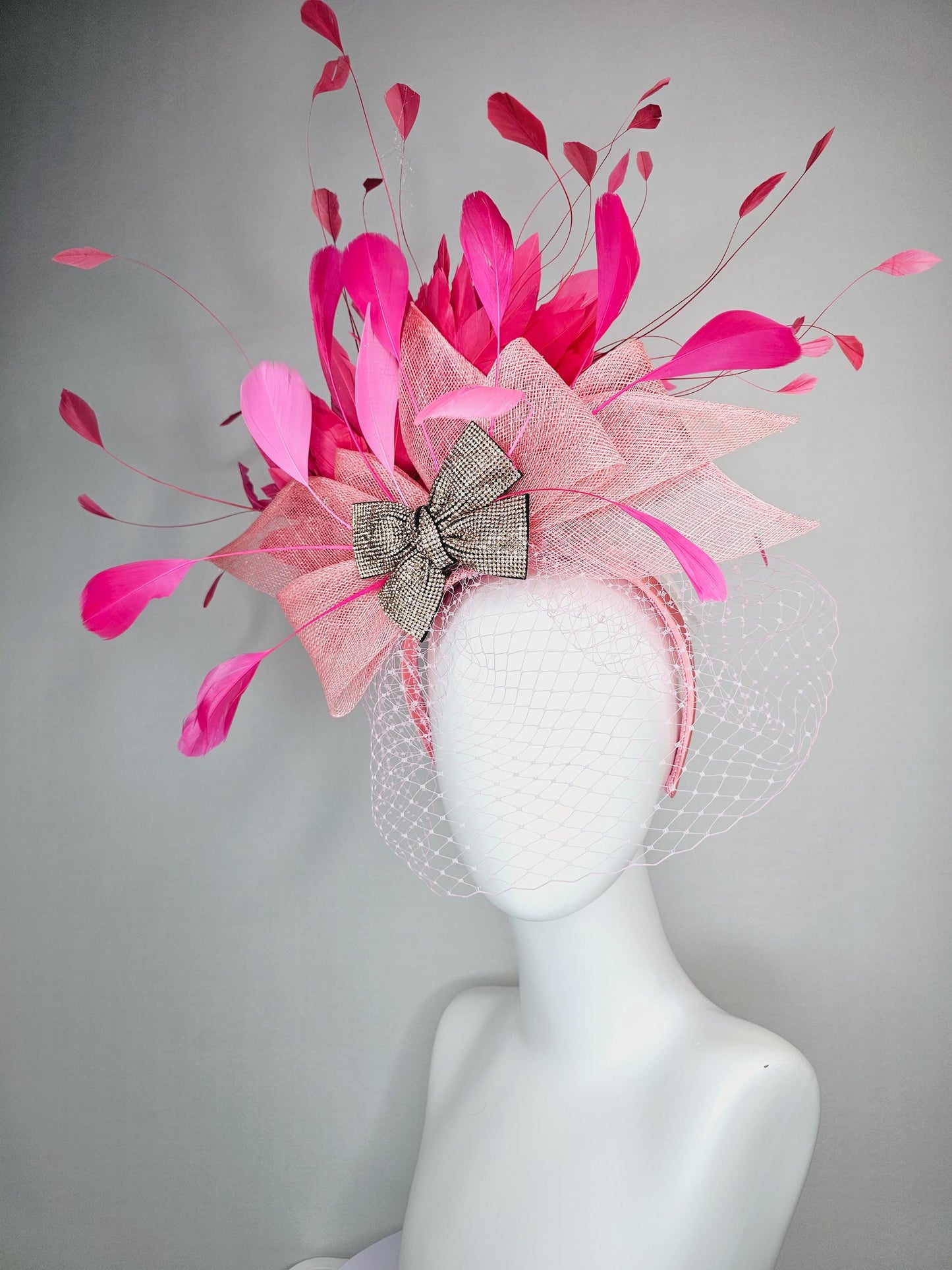 kentucky derby hat fascinator headband light baby pink sinamay bow bronze swarovski crystal beaded bow hot pink feathers with pink mesh veil