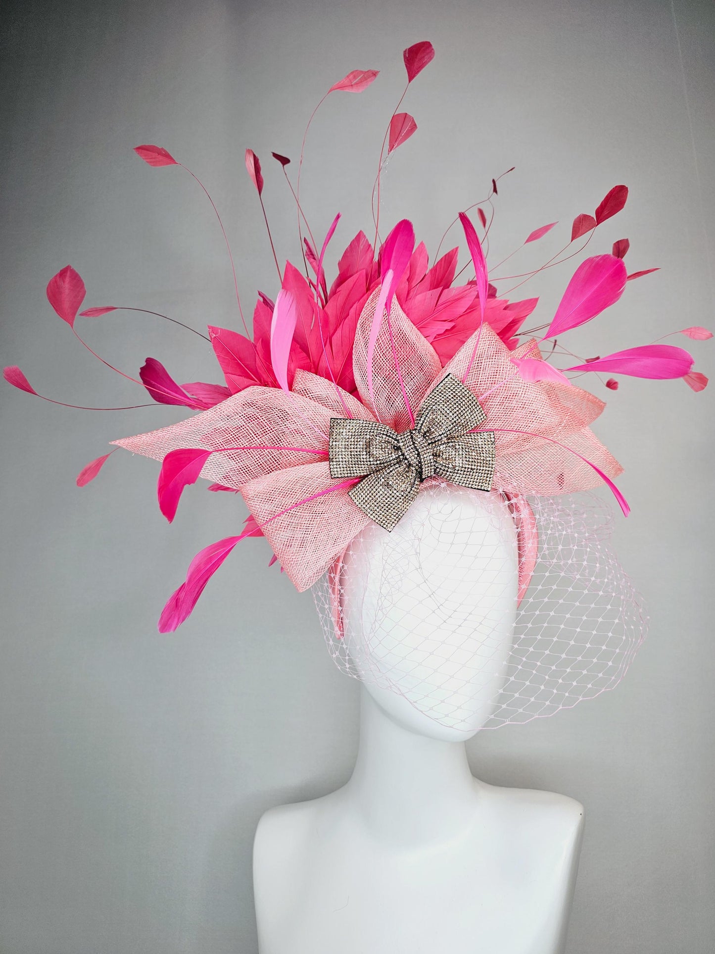 kentucky derby hat fascinator headband light baby pink sinamay bow bronze swarovski crystal beaded bow hot pink feathers with pink mesh veil