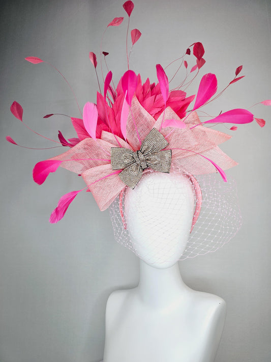 kentucky derby hat fascinator headband light baby pink sinamay bow bronze swarovski crystal beaded bow hot pink feathers with pink mesh veil