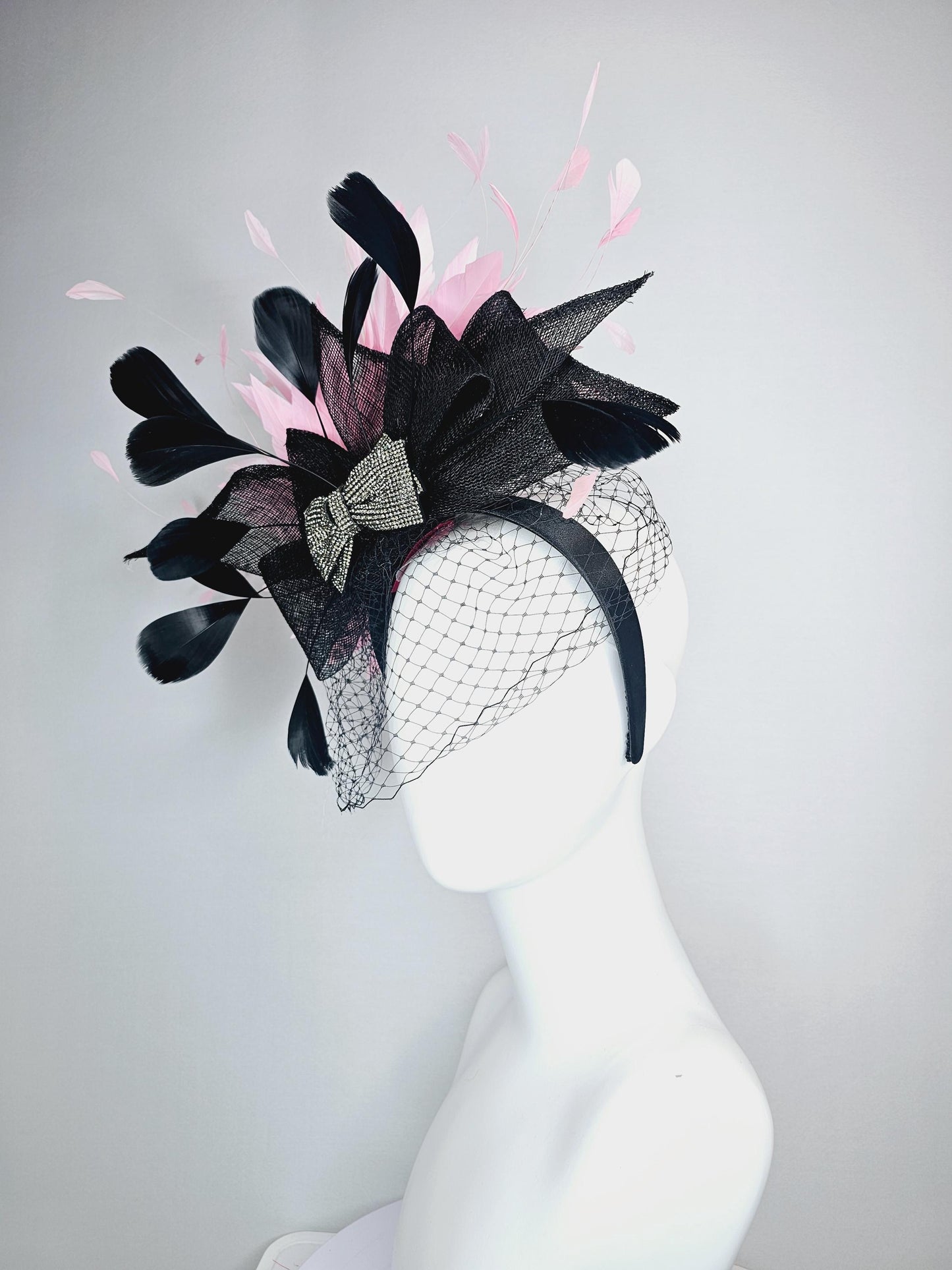 kentucky derby hat fascinator headband black sinamay bow swarovski crystal beaded bow black light baby pink feathers with black mesh veil