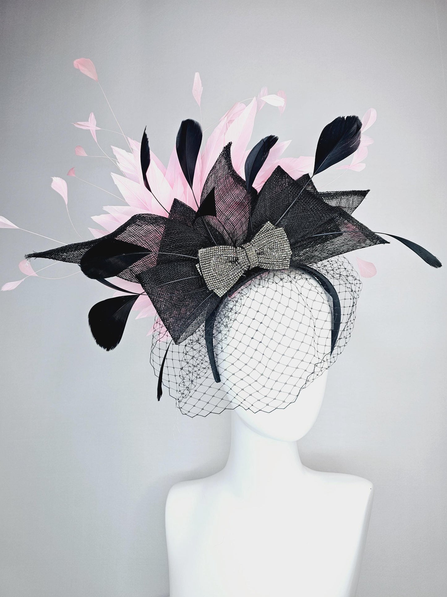 kentucky derby hat fascinator headband black sinamay bow swarovski crystal beaded bow black light baby pink feathers with black mesh veil