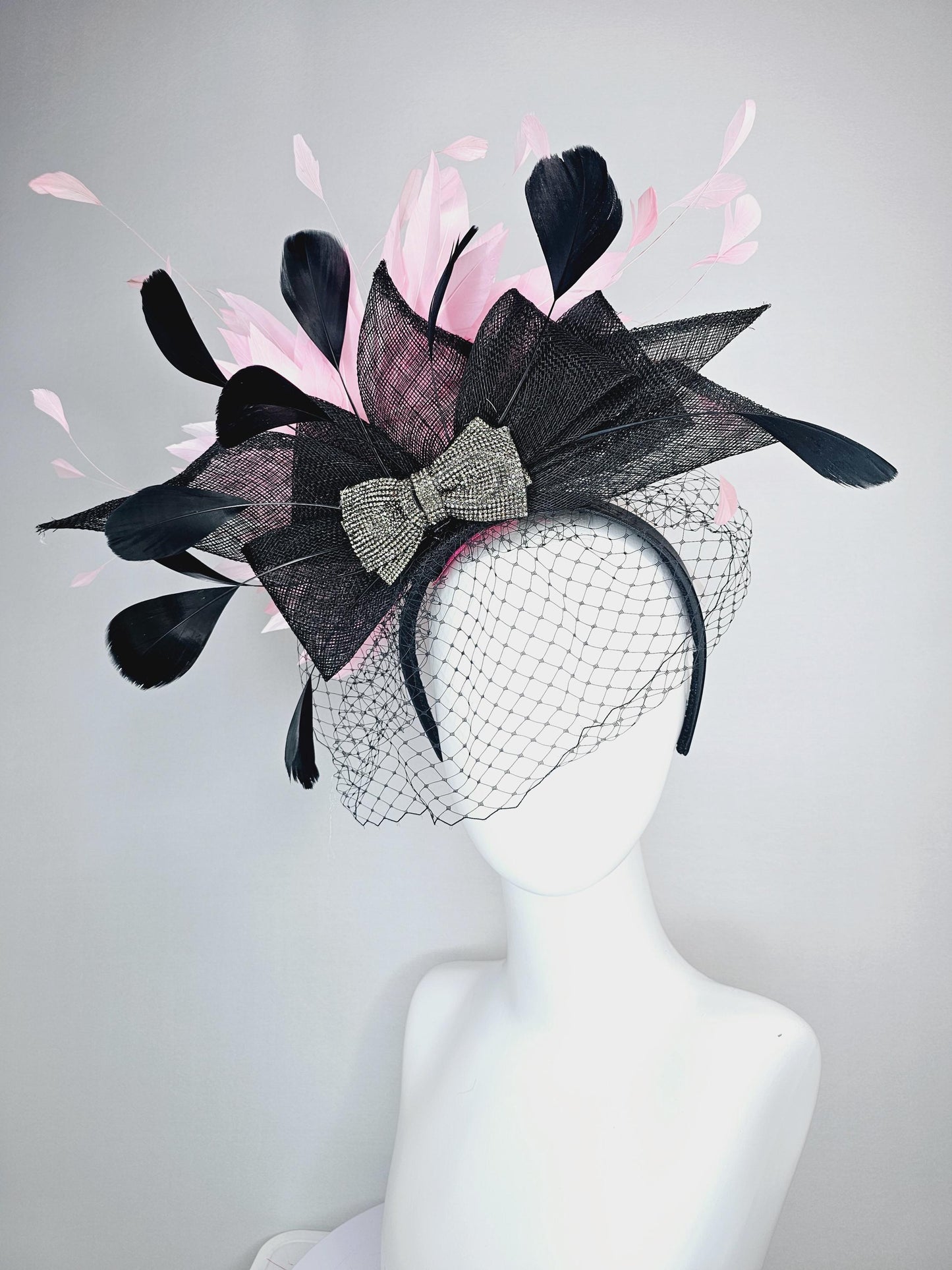kentucky derby hat fascinator headband black sinamay bow swarovski crystal beaded bow black light baby pink feathers with black mesh veil