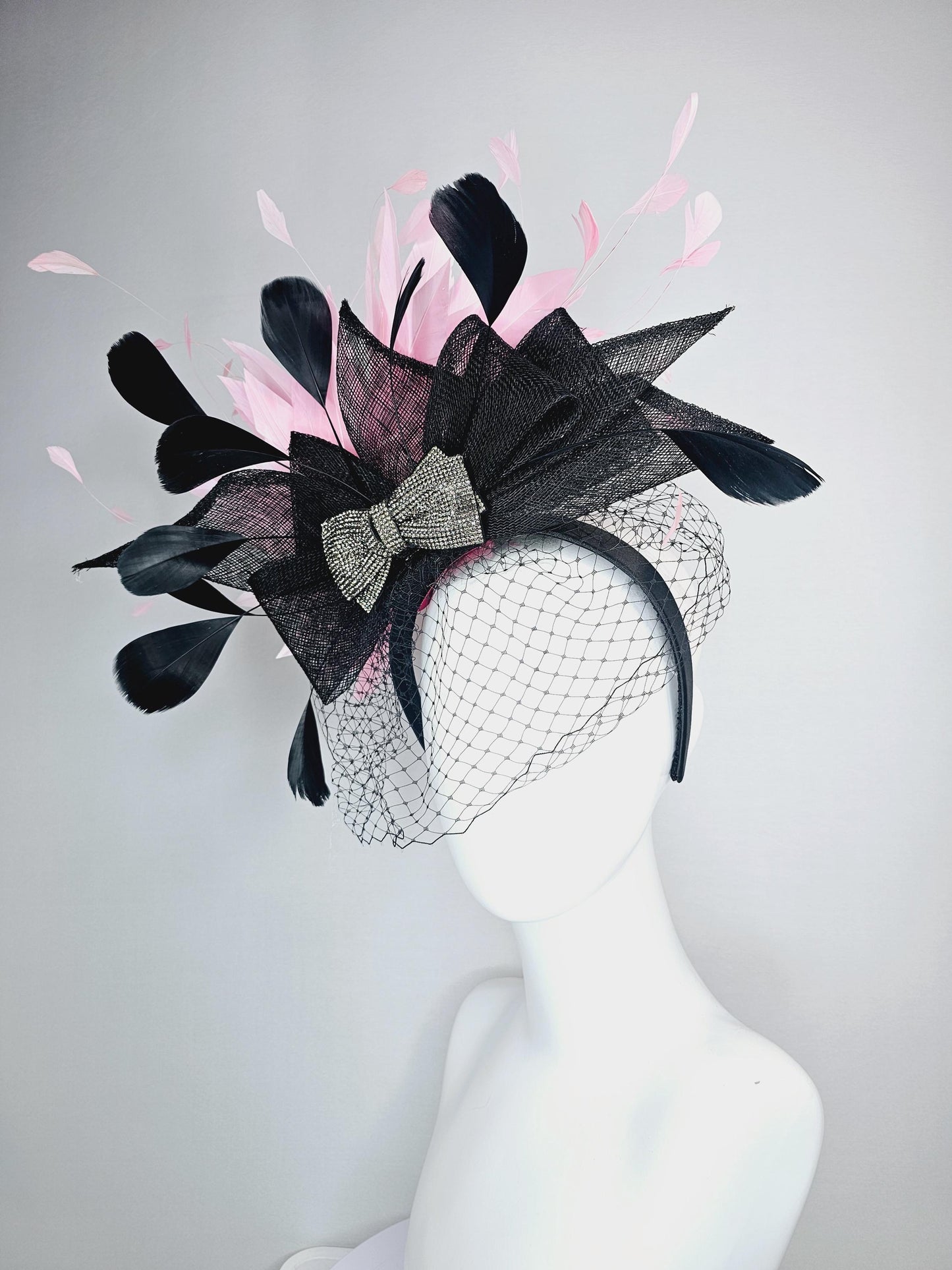 kentucky derby hat fascinator headband black sinamay bow swarovski crystal beaded bow black light baby pink feathers with black mesh veil