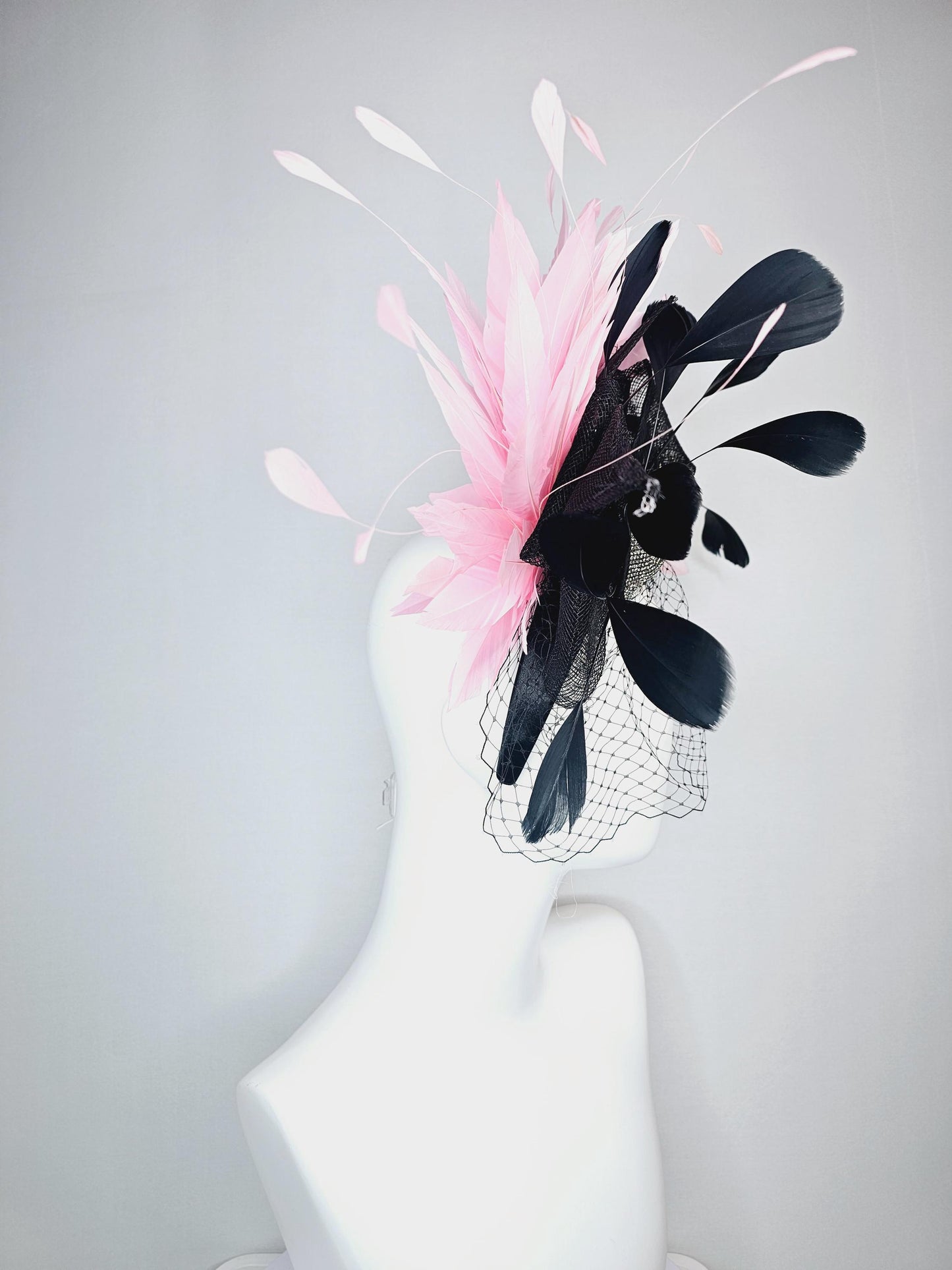 kentucky derby hat fascinator headband black sinamay bow swarovski crystal beaded bow black light baby pink feathers with black mesh veil