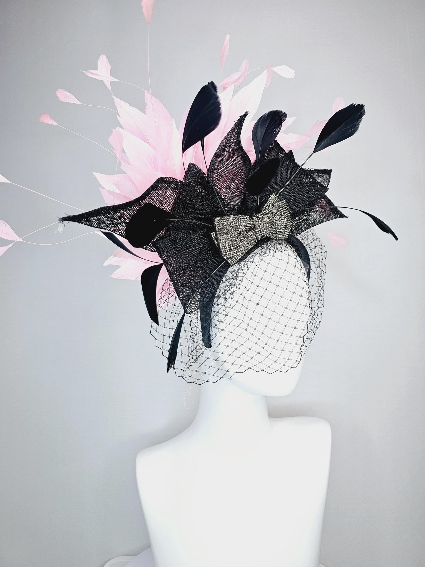 kentucky derby hat fascinator headband black sinamay bow swarovski crystal beaded bow black light baby pink feathers with black mesh veil