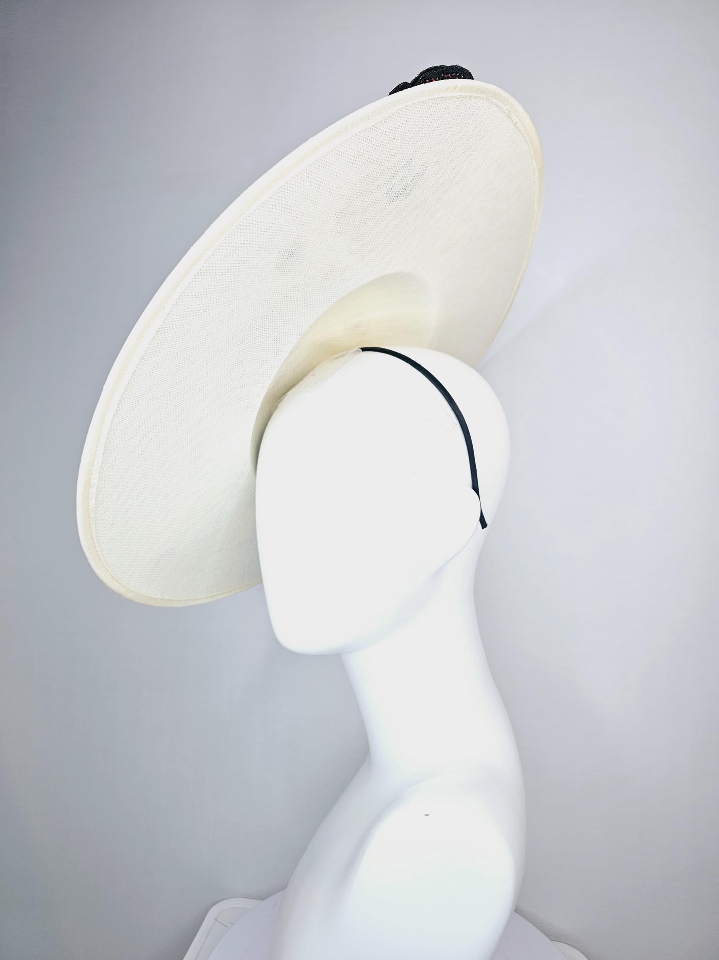 kentucky derby hat fascinator ivory white satin silk saucer with colorful sequin pink black yellow lime green lavender purple beaded flowers