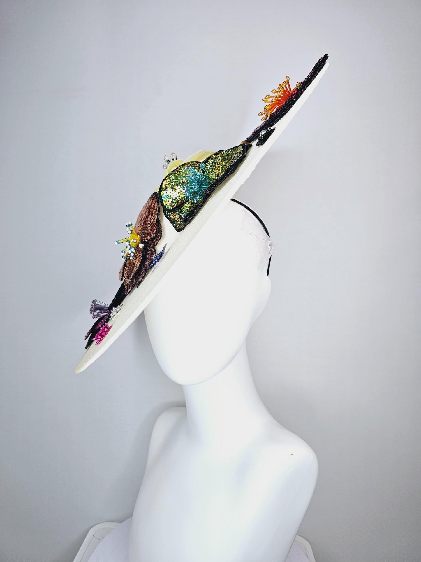 kentucky derby hat fascinator ivory white satin silk saucer with colorful sequin pink black yellow lime green lavender purple beaded flowers