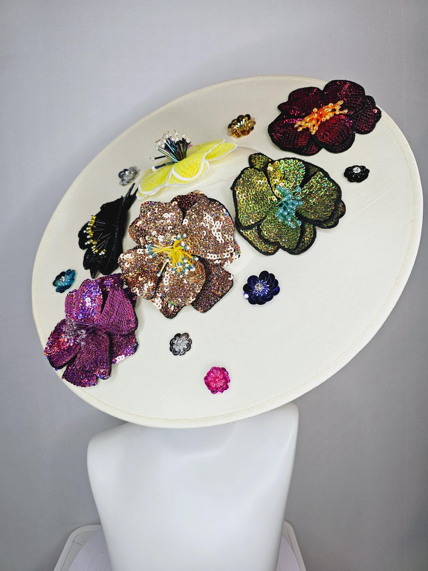 kentucky derby hat fascinator ivory white satin silk saucer with colorful sequin pink black yellow lime green lavender purple beaded flowers