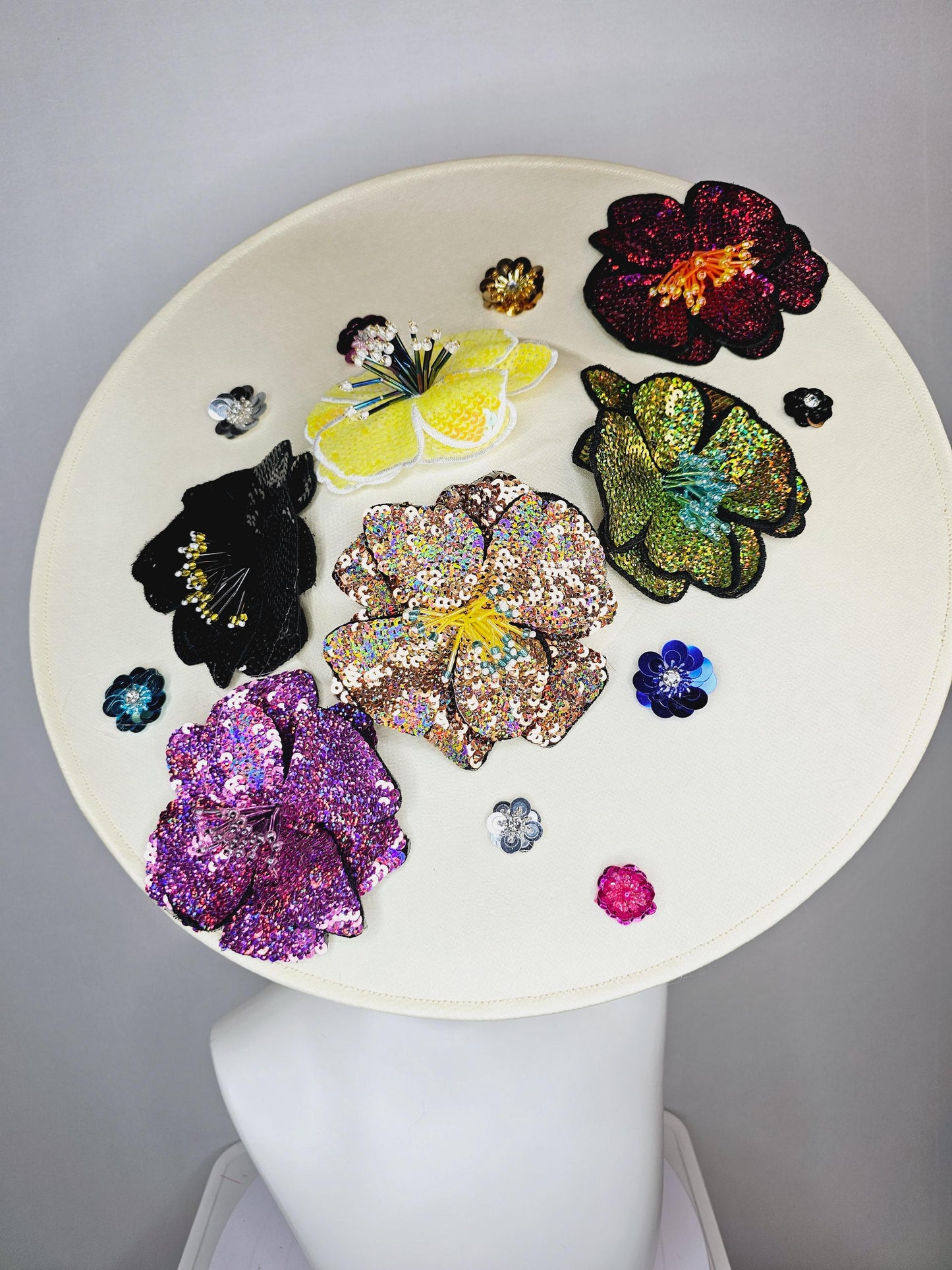 kentucky derby hat fascinator ivory white satin silk saucer with colorful sequin pink black yellow lime green lavender purple beaded flowers