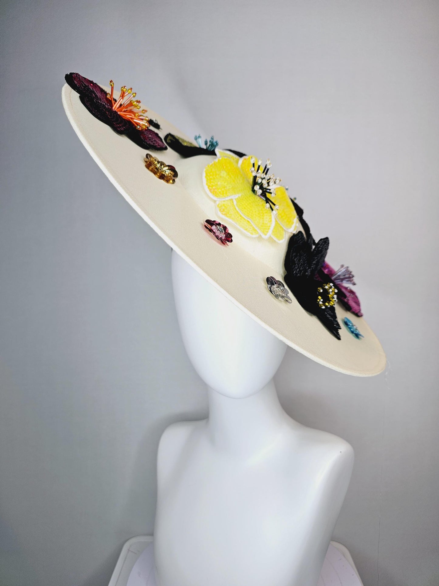 kentucky derby hat fascinator ivory white satin silk saucer with colorful sequin pink black yellow lime green lavender purple beaded flowers
