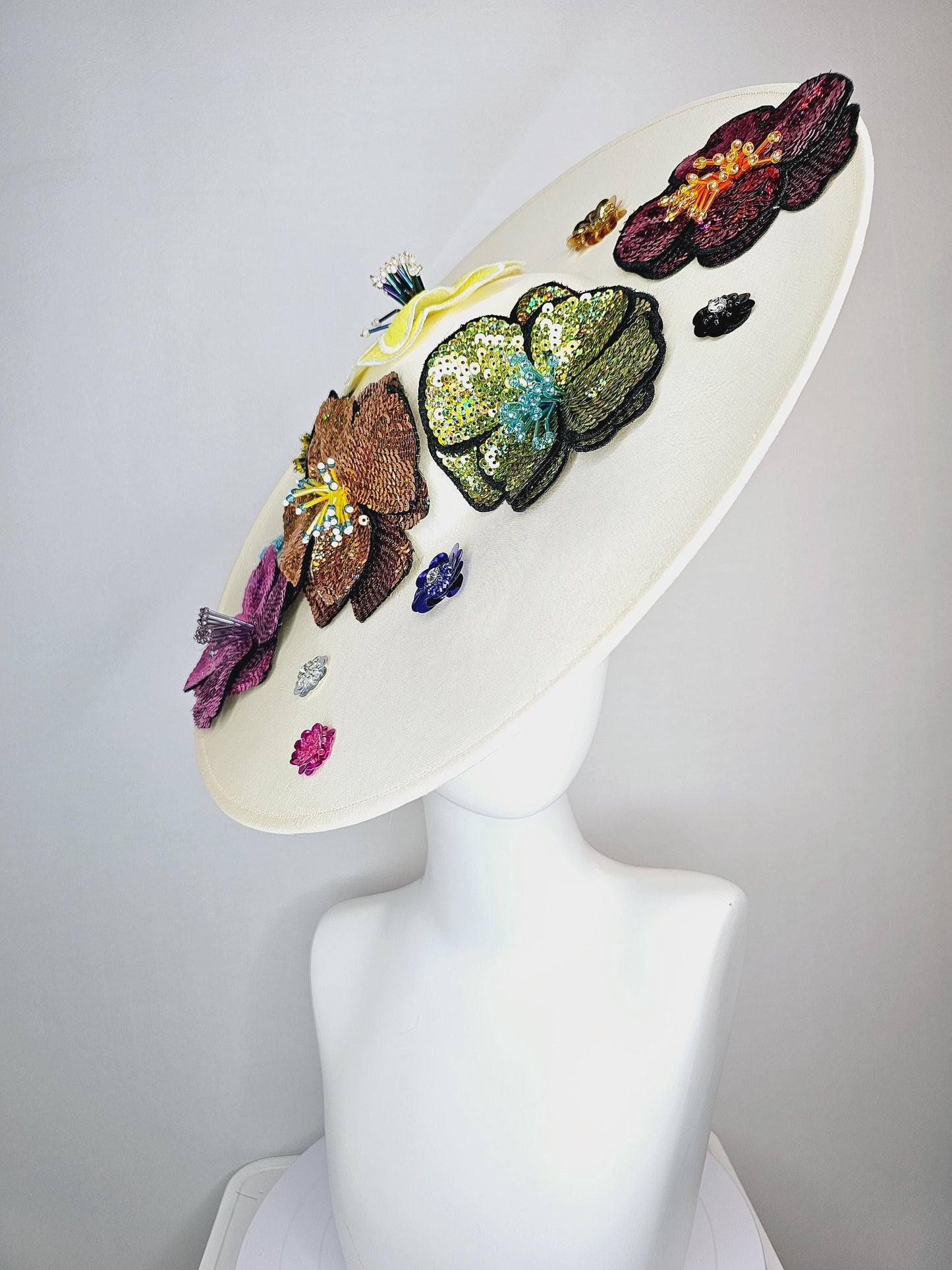 kentucky derby hat fascinator ivory white satin silk saucer with colorful sequin pink black yellow lime green lavender purple beaded flowers