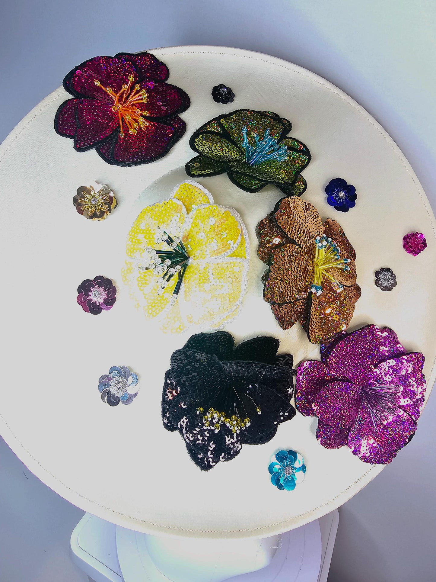 kentucky derby hat fascinator ivory white satin silk saucer with colorful sequin pink black yellow lime green lavender purple beaded flowers
