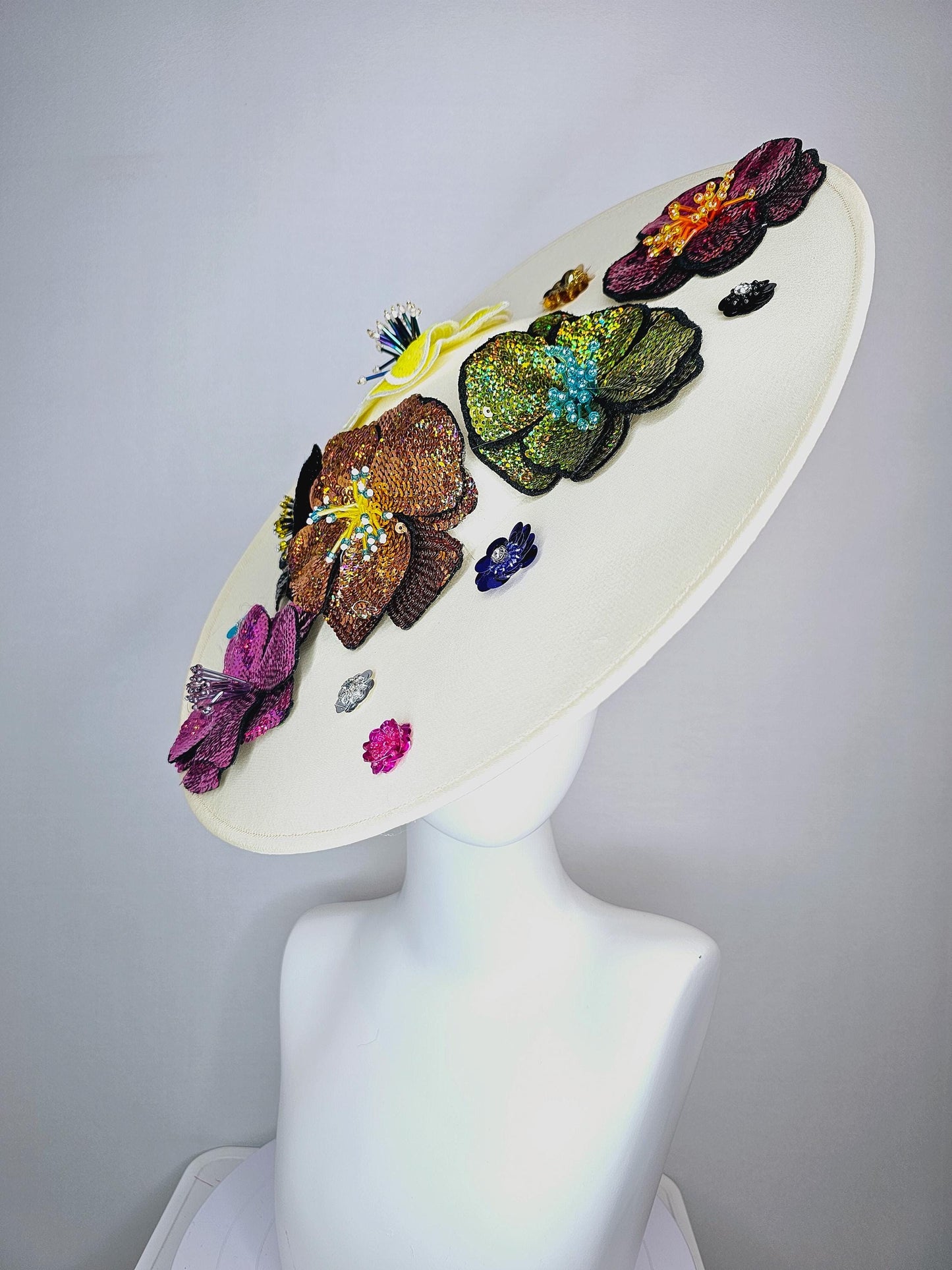 kentucky derby hat fascinator ivory white satin silk saucer with colorful sequin pink black yellow lime green lavender purple beaded flowers