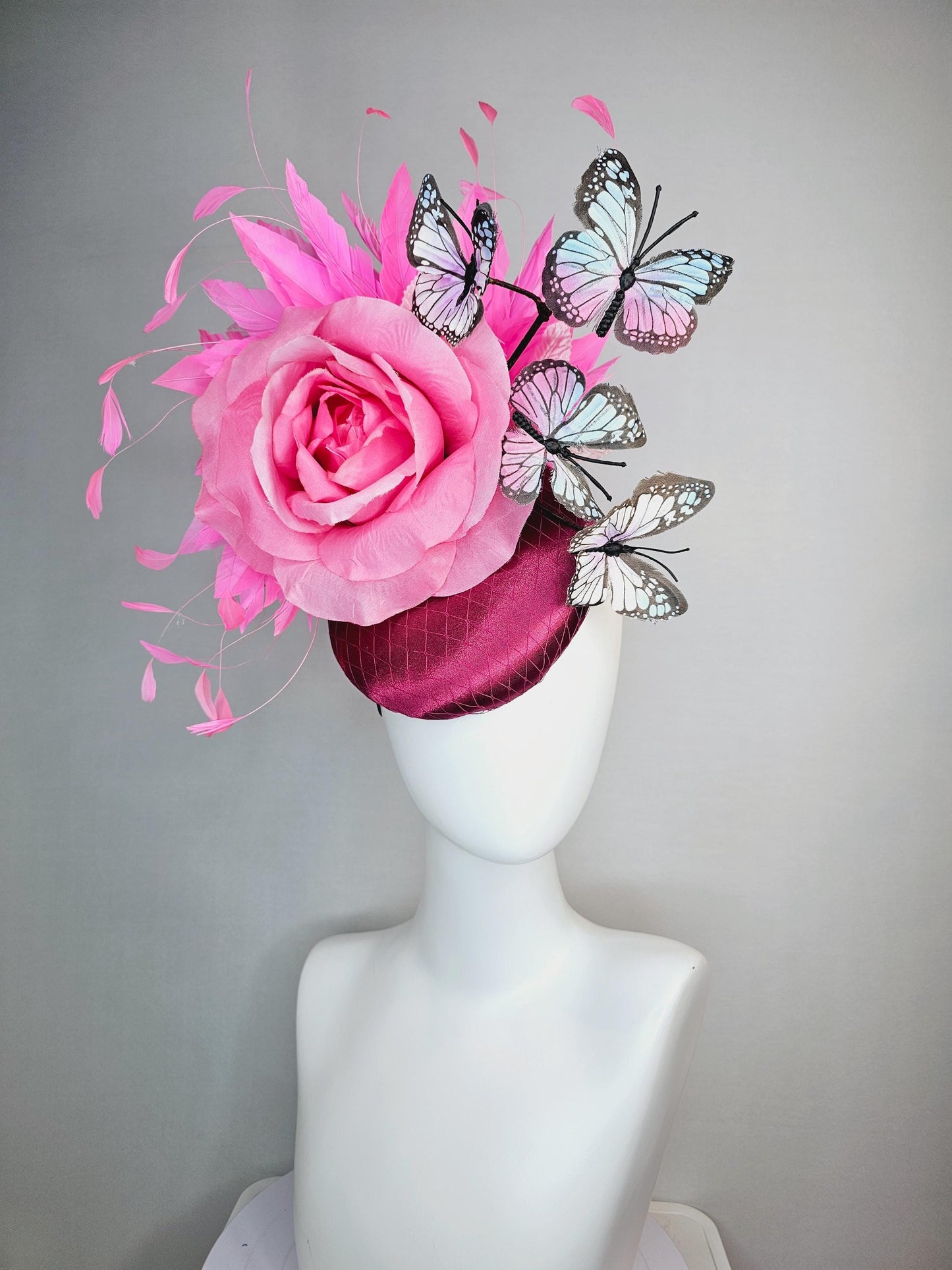 kentucky derby hat fascinator burgundy red satin with netting blush pink satin rose pink feathers light pink blue purple black butterflies